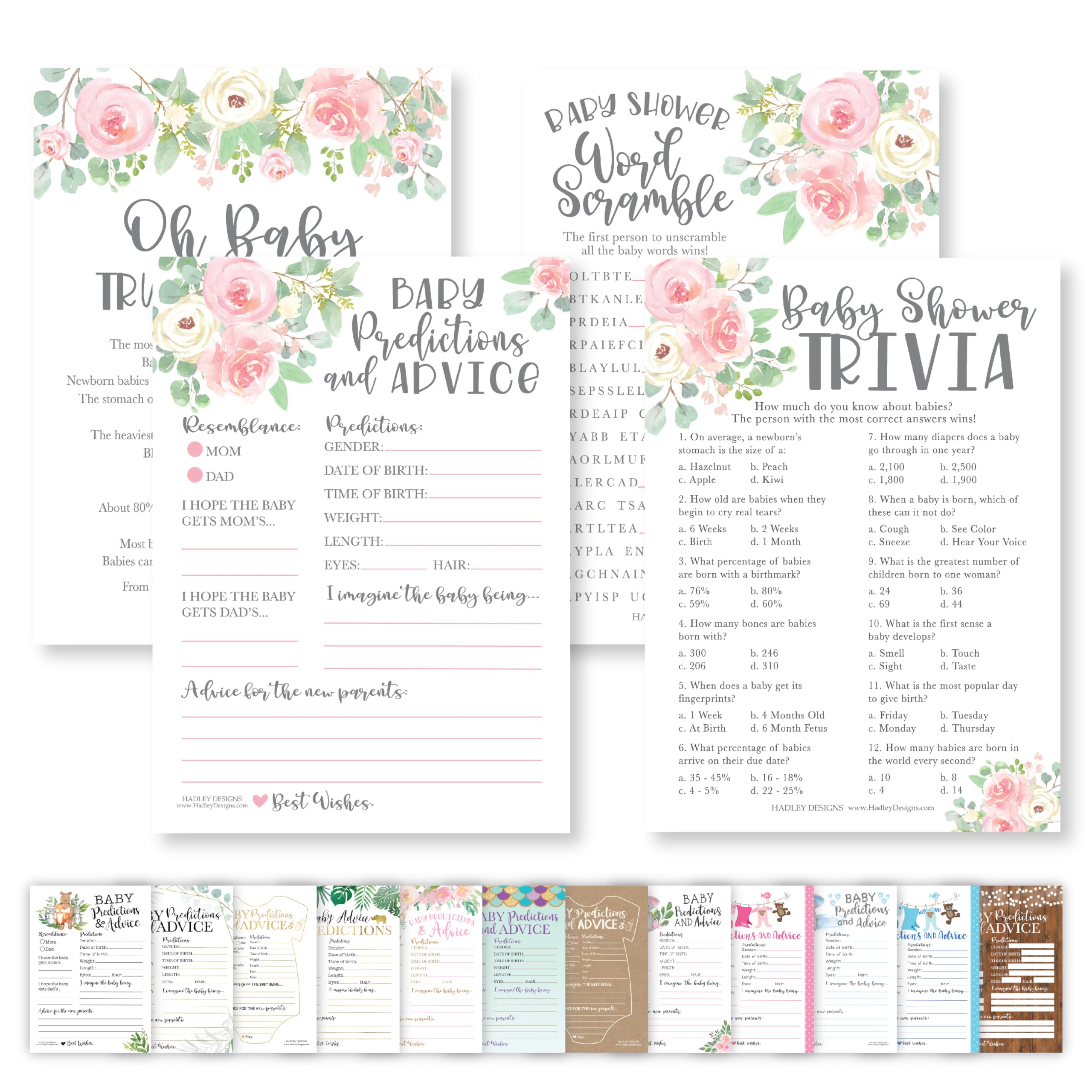 Hadley Designs Floral Baby Shower Games For Girls - 50 Cards, Two 25-Game Sets, 4 Games Double Sided, Baby Prediction And Advice