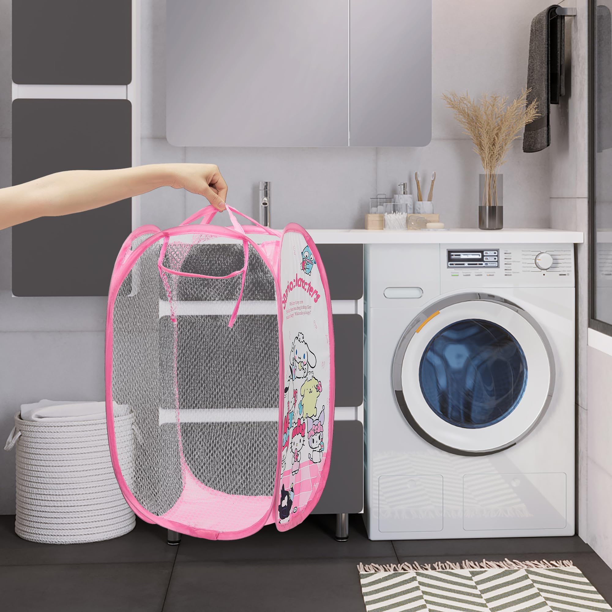 Cute Mesh Popup Laundry Hamper With Carry Handles, Large Capacity Foldable Lightweight Dirty Clothes Basket For Girls Room, Dorm