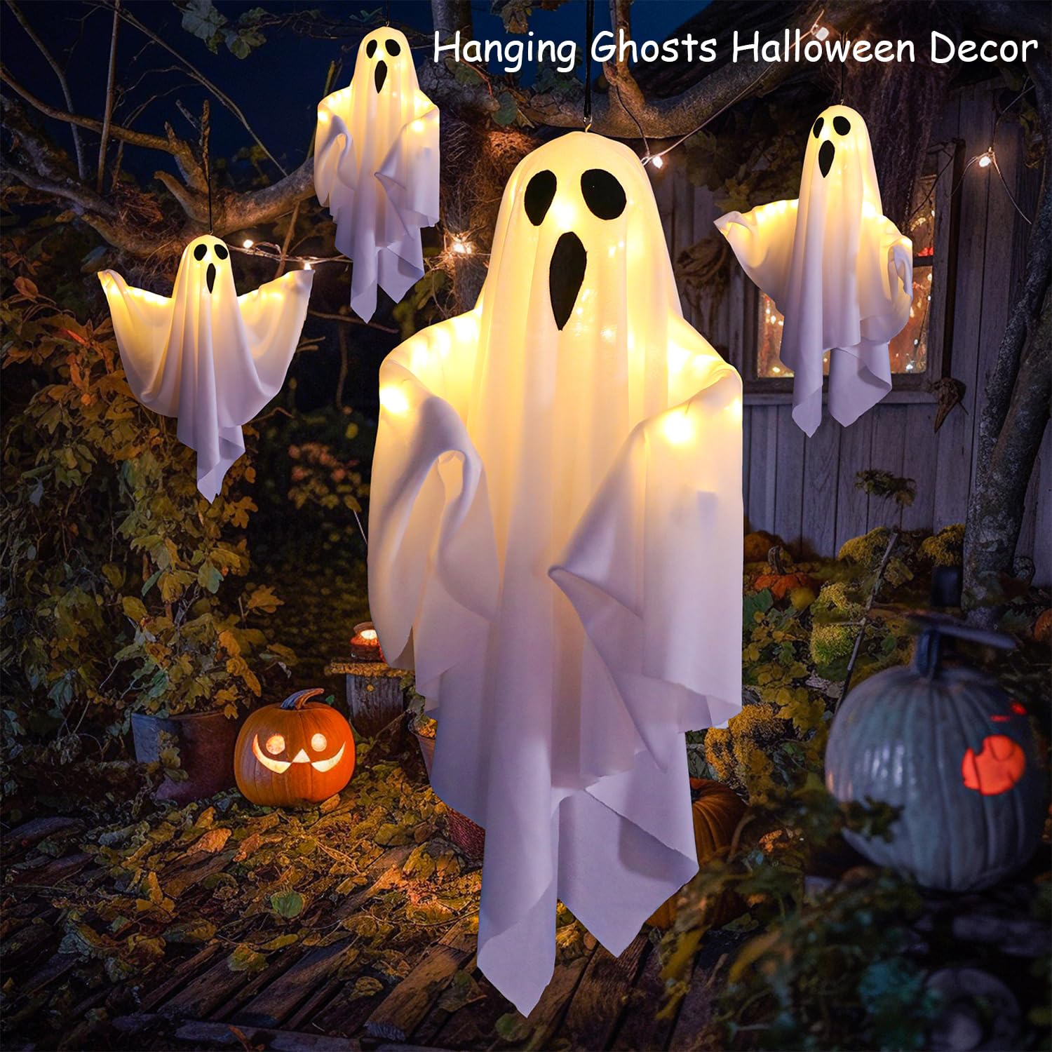 Halloween Decorations 19.6  Hanging Ghosts Light Up Kit Decor Warm LED Ghost Light Indoor Bedroom Wall Outdoor Fall Party Garden