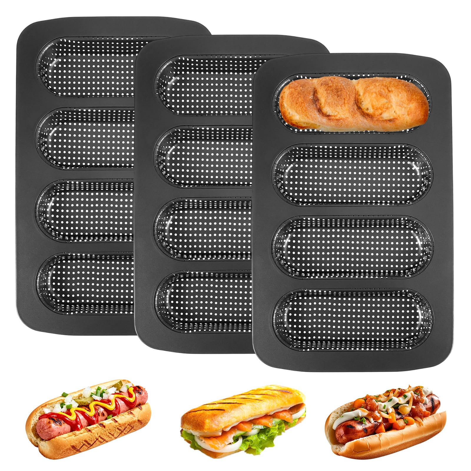 3 Pcs Hotdog Baking Pan, Bread Roll Baking Pan, Large Hotdog Bread Pans