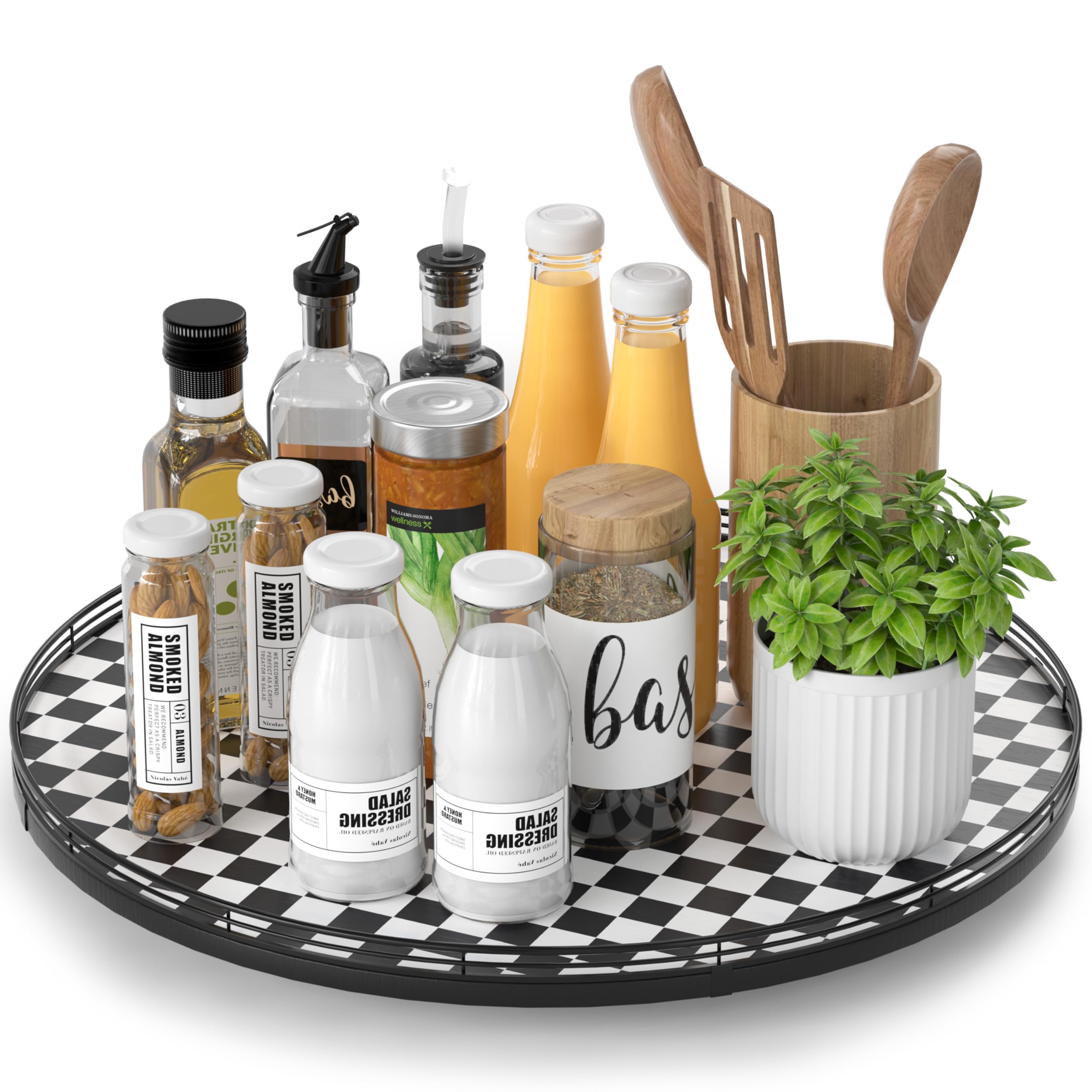18 Black and White Kitchen Lazy Susan Turntable, Round Checkered Decorative Tray, Large Lazy Susan for Dining Table Centerpiece,