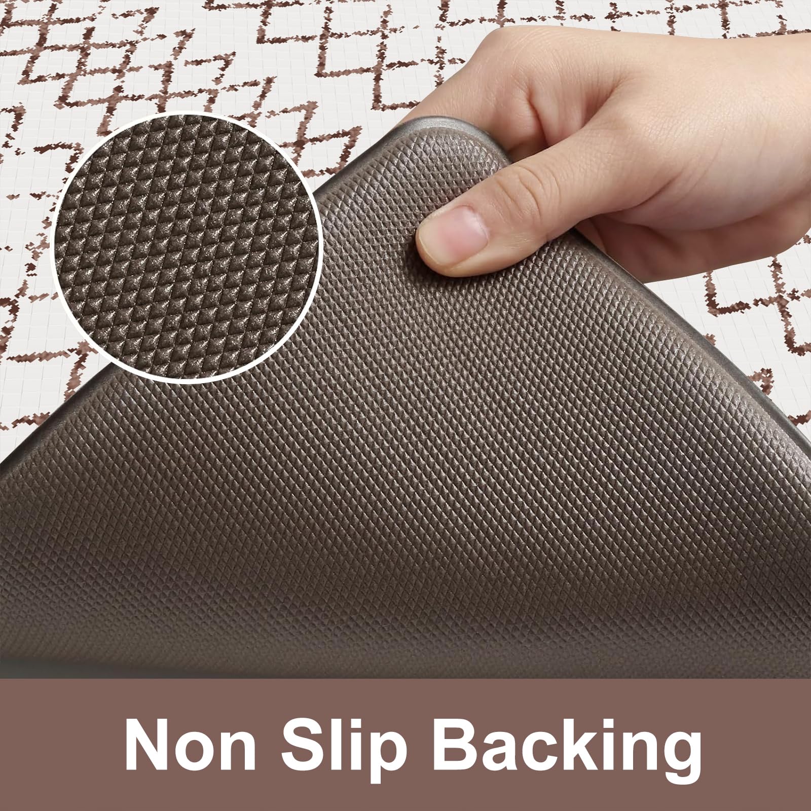 KIMODE Anti Fatigue Kitchen Mats 2PCS, Cushioned PVC Rugs 17"x59" + 17"x29", Non-Slip Waterproof, Brown and White