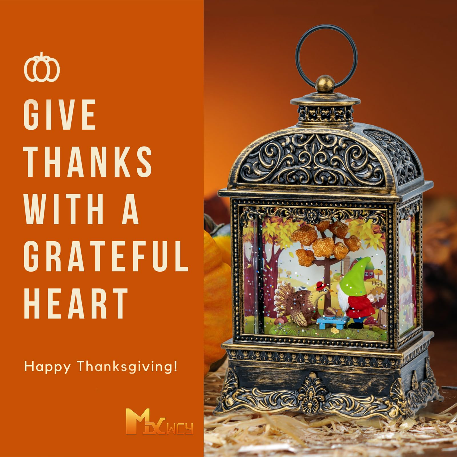 Fall Decor Snow Globe Lantern, Thanksgiving Decoration Swirling Glitter Gnome Snow Globe with Turkey, Harvest Day Gifts, Home Fa