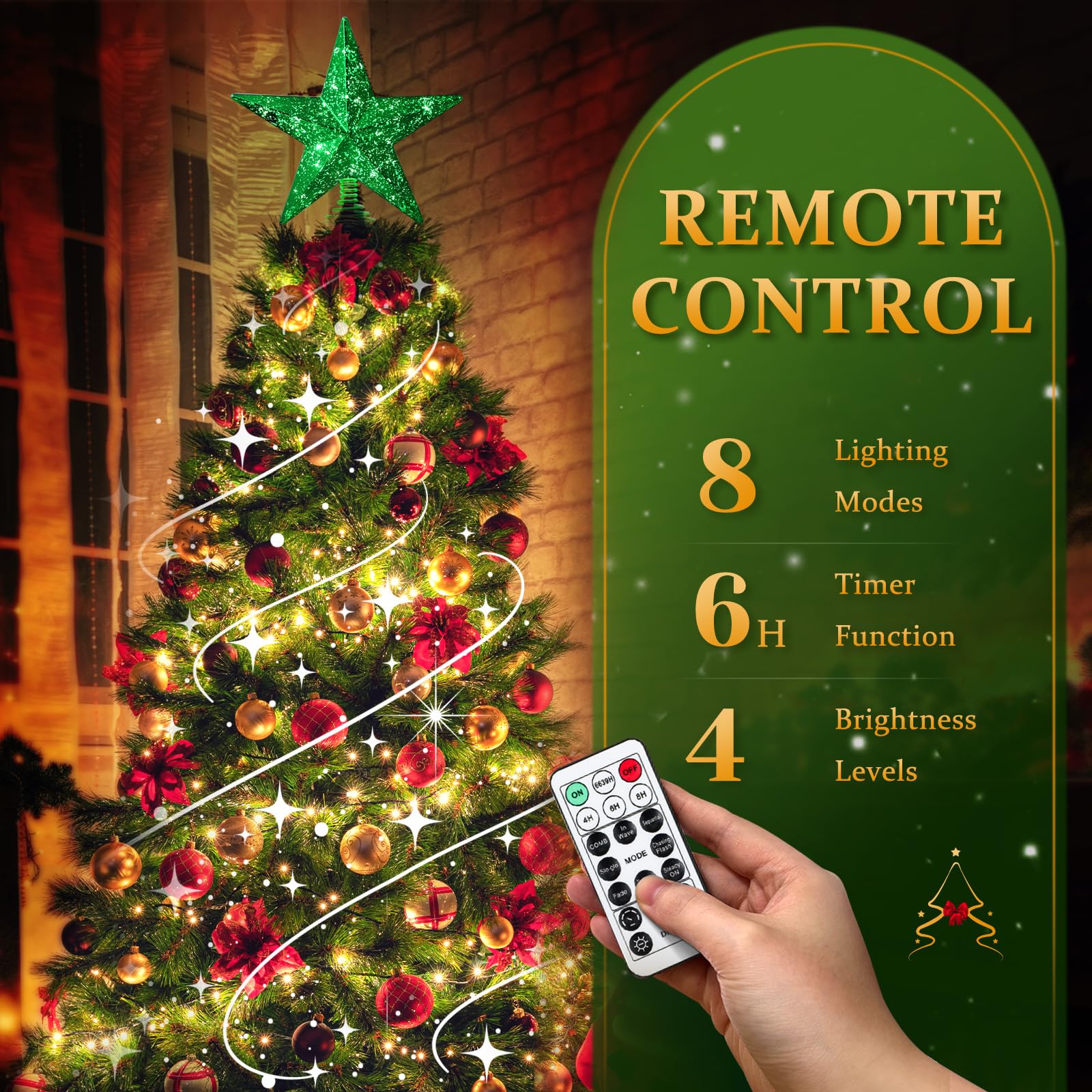 Green Christmas Tree Star Topper with Lights, 8.5-Inch Light-Up Christmas Tree Topper with Remote Control, 4 Brightness Levels &