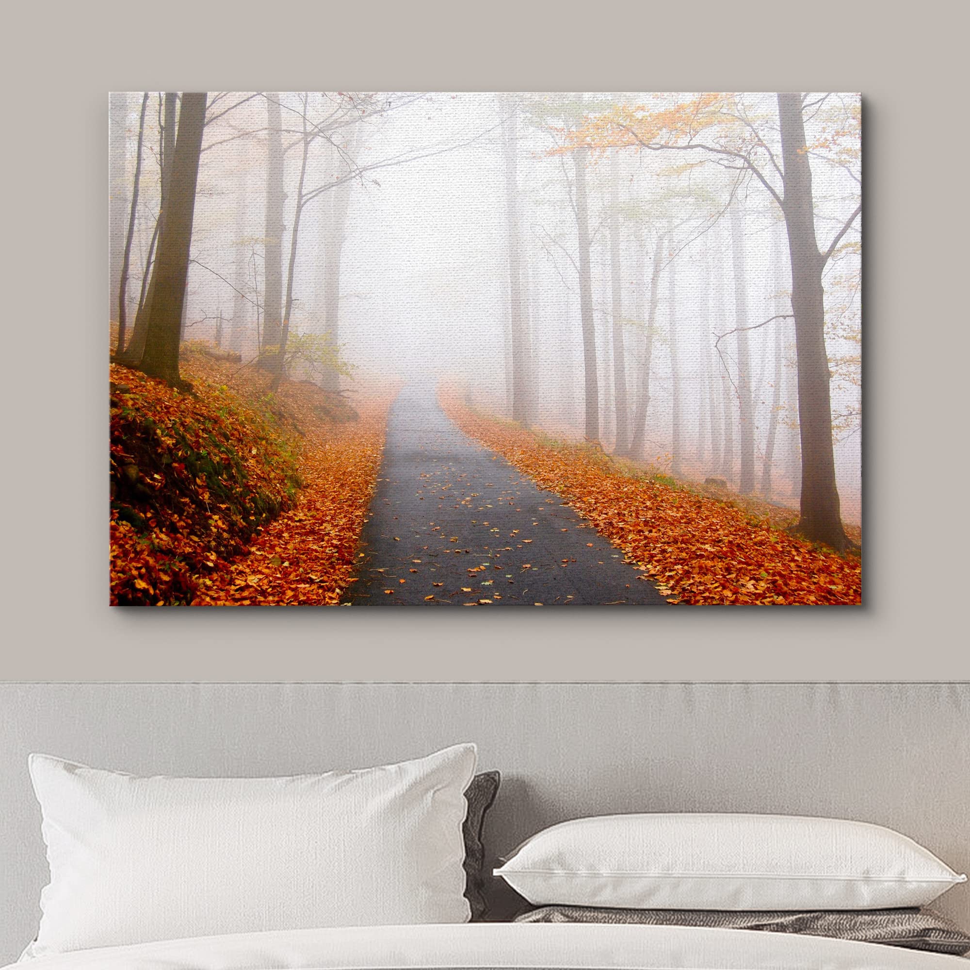 Wall26 Canvas Print Wall Art Foggy Autumn Forest Path With Orange Leaves Nature Wilderness Photography Modern Art Rustic Scenic