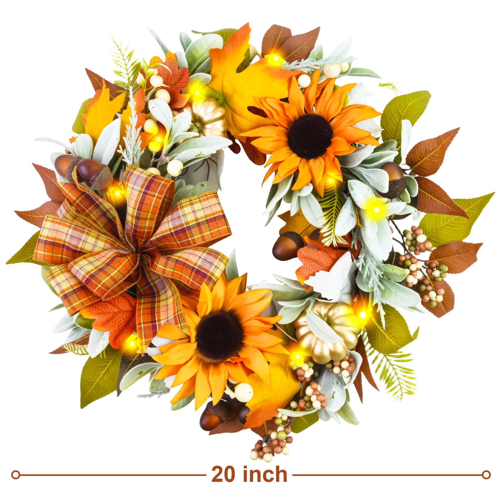 Fall Wreaths for Front Door,Sunflower Autumn Wreath with Lights,Pumpkins and Bows,for Thanksgiving Halloween Farmhouse Indoor Ou