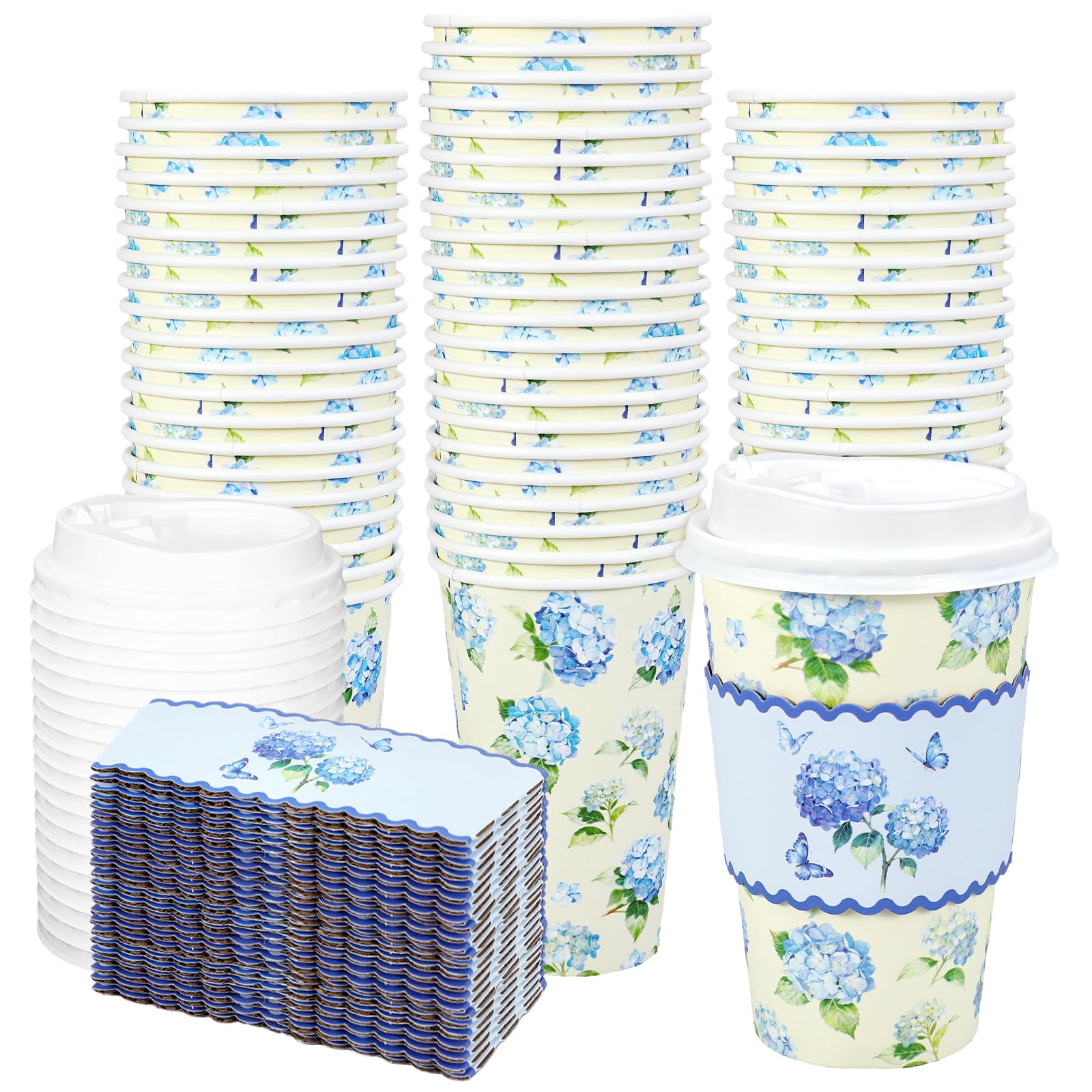 Whaline 50 Pcs 16 Oz Hydrangea Flower Paper Coffee Cups with Lids and Sleeves Blue Floral Disposable Drinking Cup for Spring Wed