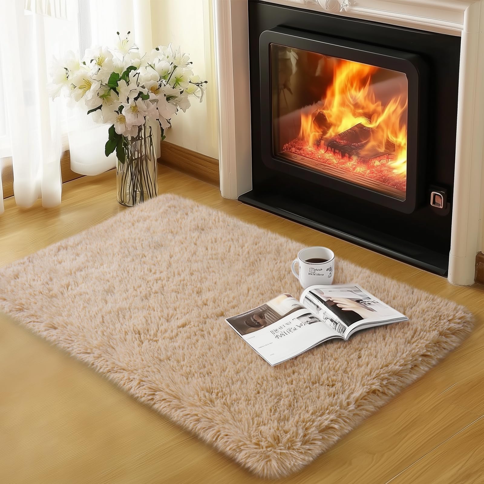 qulint 2x3 Rug for Bedroom, Tan Fluffy Area Rug for Nursery Soft Shag Small Carpet for Kid Room, Fuzzy Shaggy Alfombras para Sal