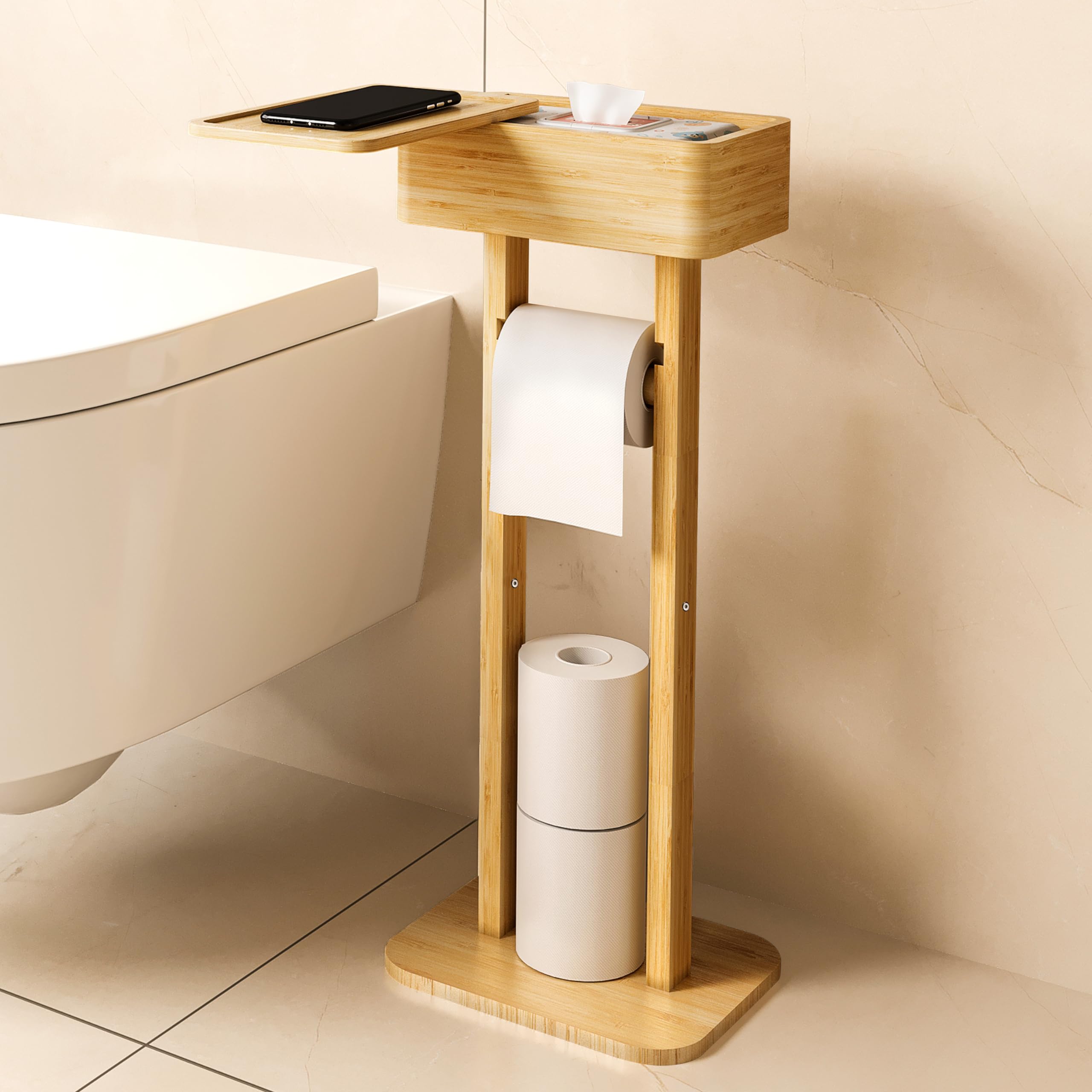 Wealone 4-In-1 Toilet Paper Holder Stand With Storage Shelf Box, 360 Rotating Bamboo Free Standing Toilet Tissue Roll, Toilet Wi