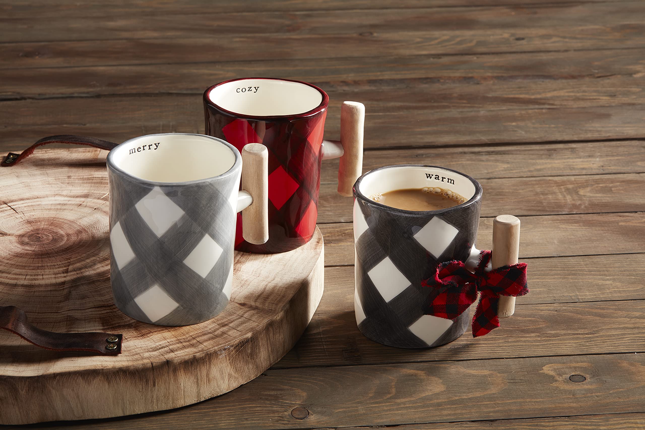 Mud Pie, Gray, 21 Oz Oversized Check Mug, Merry