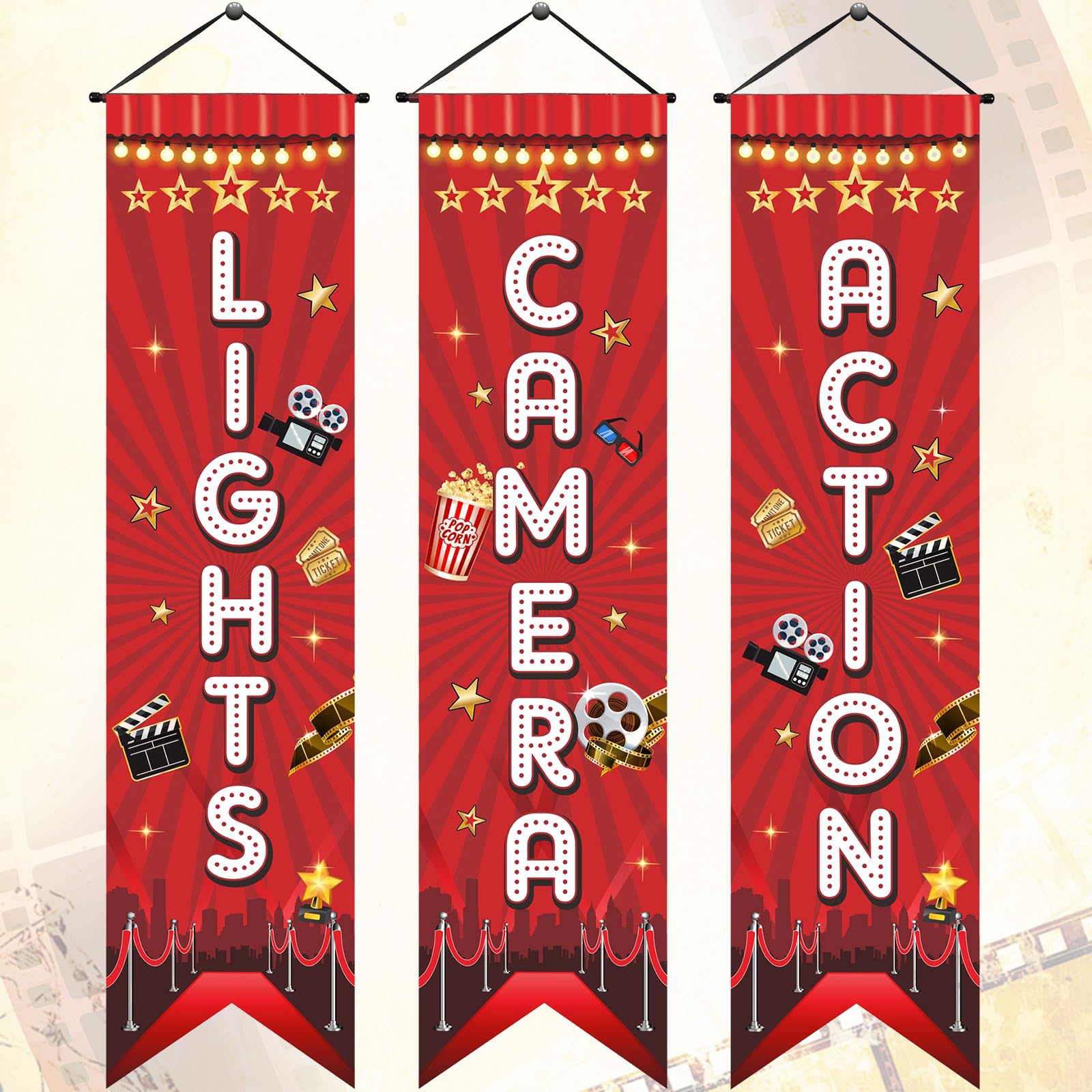 Tegeme Movie Night Porch Sign Banner Movie Theme Party Decorations Theater Welcome Now Showing Lights Camera Action Hanging Porc