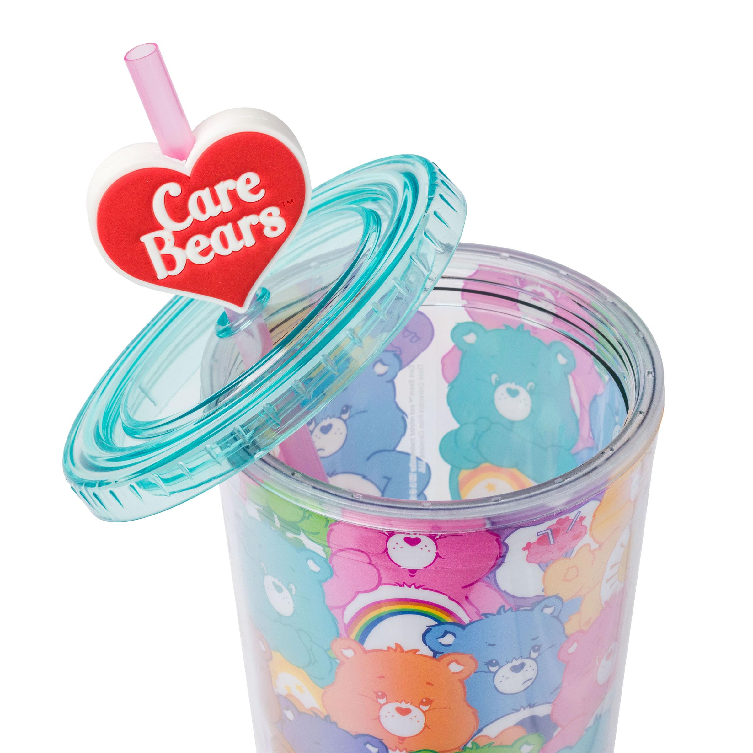 Silver Buffalo Care Bears Multi Bear All Over Plastic Cold Cup With Lid And Topper Straw, 24 Ounces
