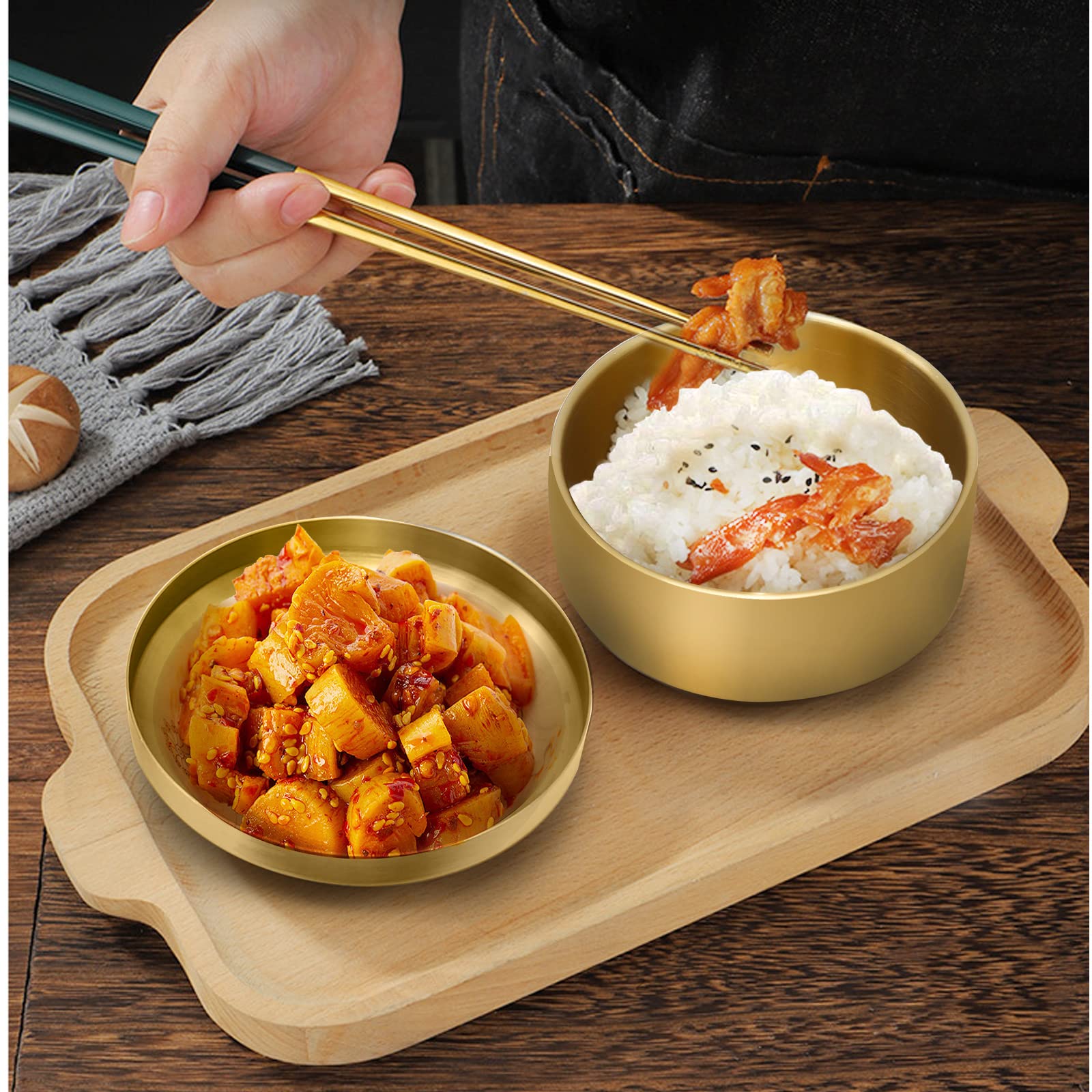 Mdeoosky 2Pcs 304 Stainless Steel Rice Bowls, Gold Metal Bowl With Lid, Double Layer Anti Scalding Bowl, Rice Bowls Soup Bowl Sa