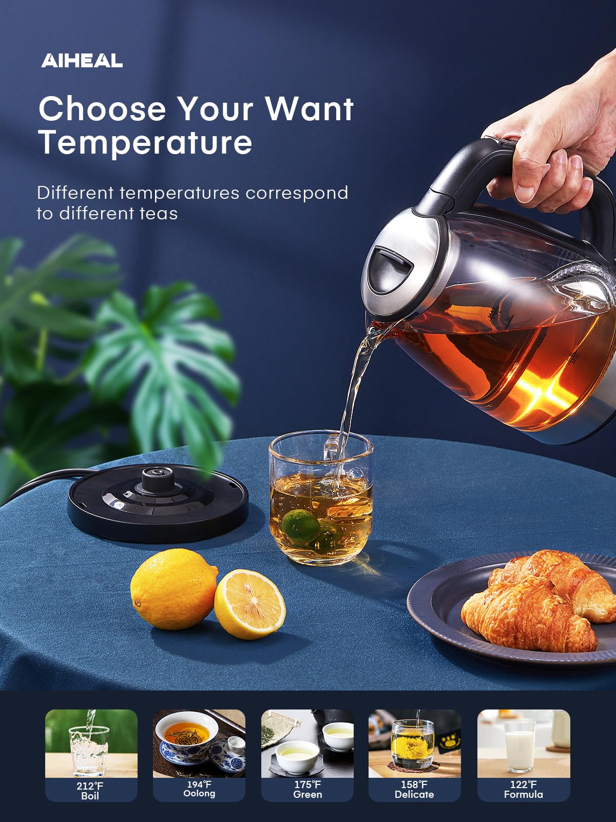 Electric Kettle, Aiheal Glass Kettle Temperature Control With 5 Colors Led Lights Variable, Keep Warm, Fast Boiling Electric Ket