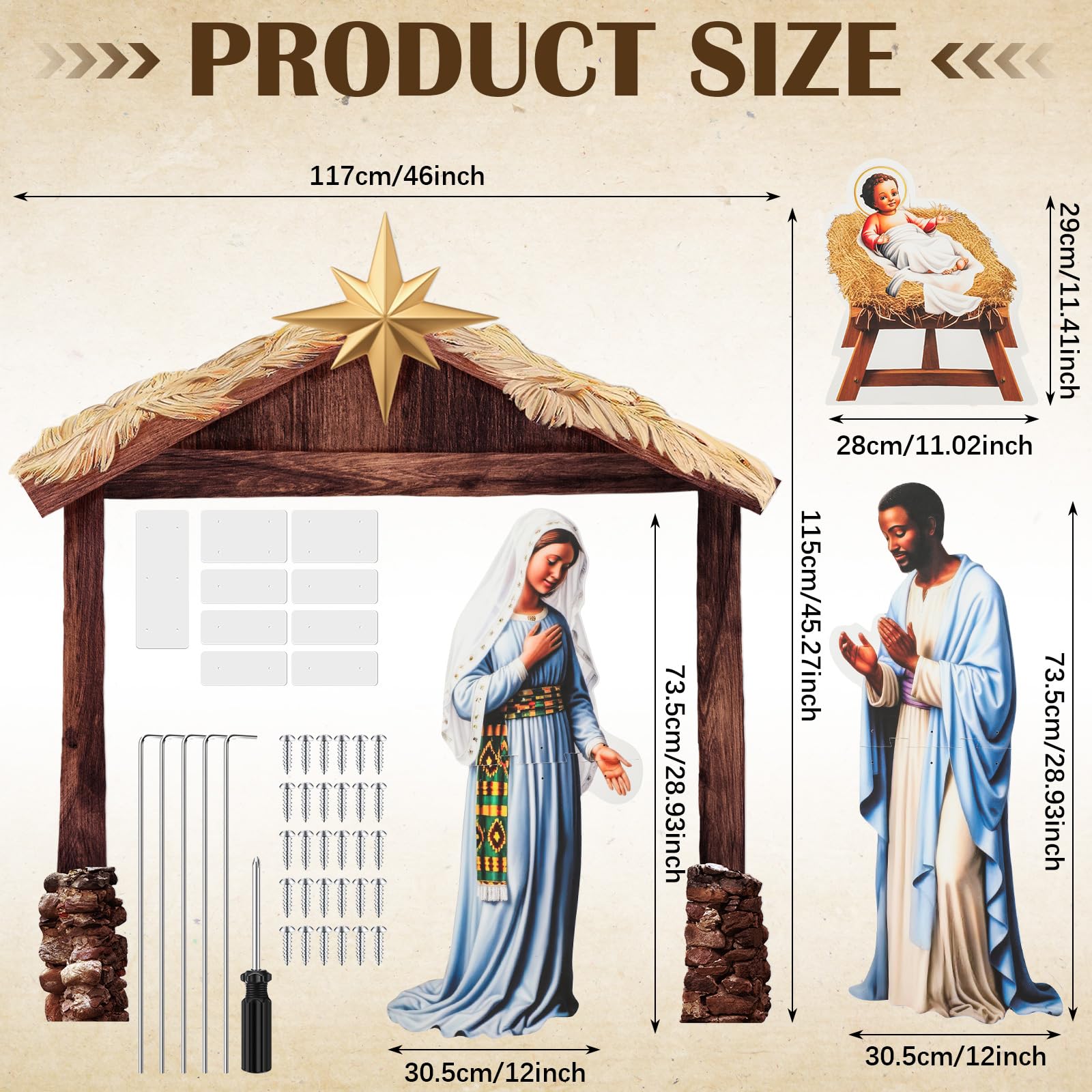 Cinnvoice 4 Pcs Large Nativity Scene Yard Decor, 45'' Weatherproof PVC, Multicolor, Model QIY-Cinnvoice-4577