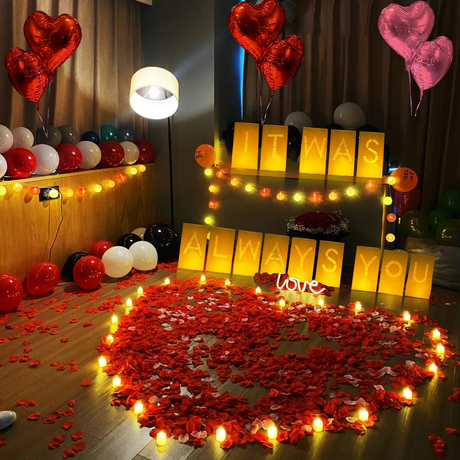 It Was Always You Lighted Letters Sign 8pcs Luminary Paper Bags 2000pcs Red Pink Artificial Rose Petals 48pcs Flameless LED Cand