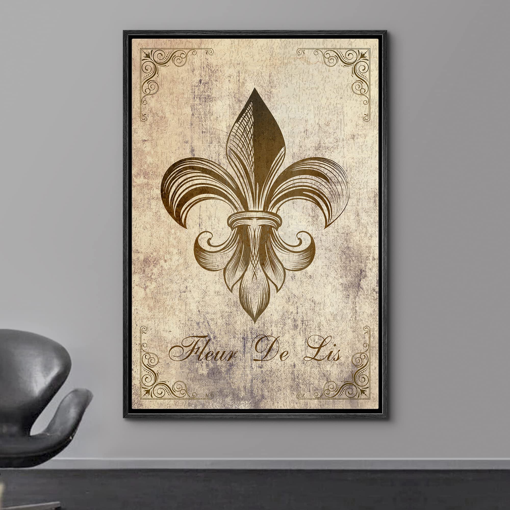 Wall26 - Framed Canvas Wall Art - Fleur De Lis Flower On Vintage Abstract Background - Gallery Wrap Modern Home Art | Ready To H