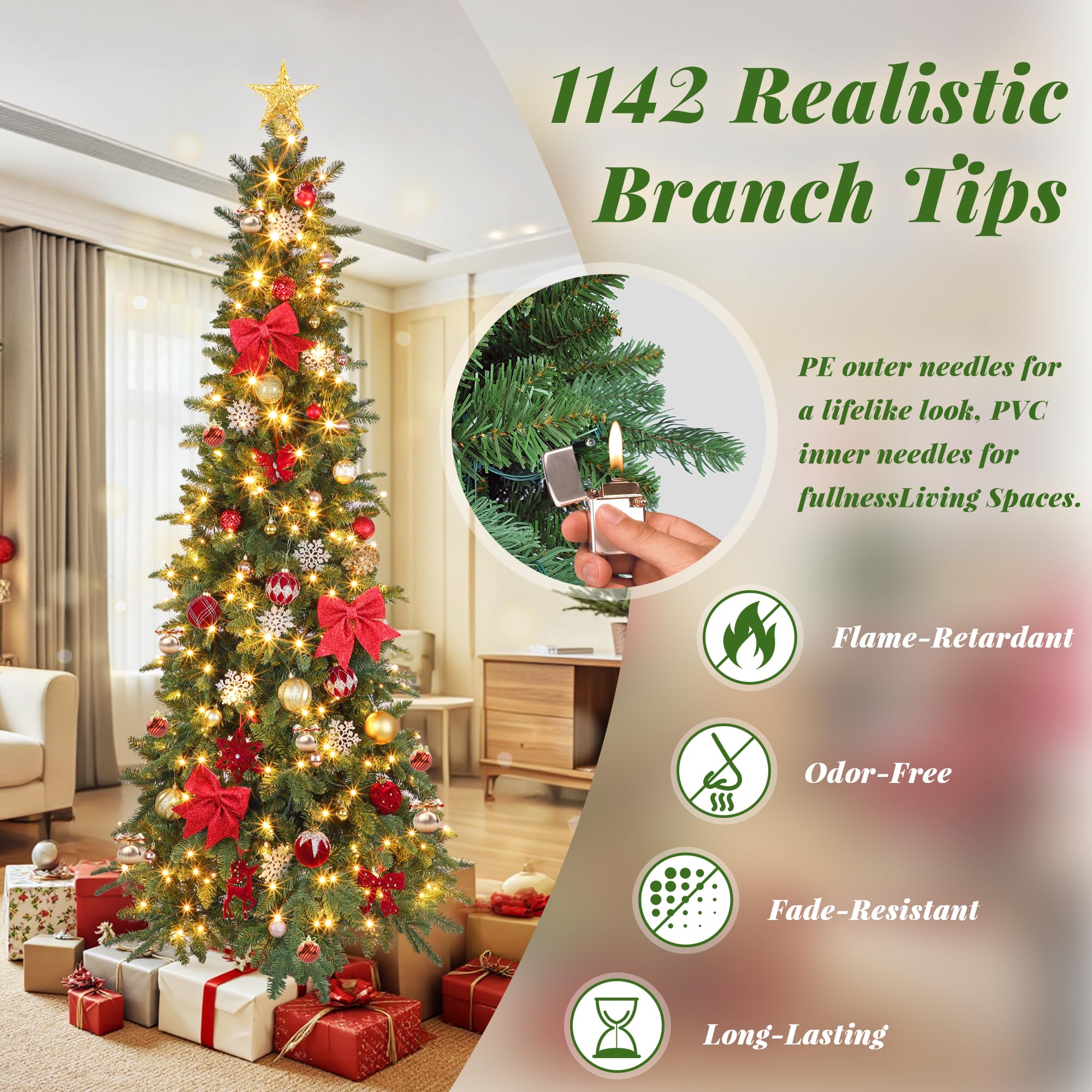 Chogglevue 7.5FT Pencil Rotating Artificial Christmas Tree - Green Tree with White & Multi-Color Lights, 370 LED Lights and 1142