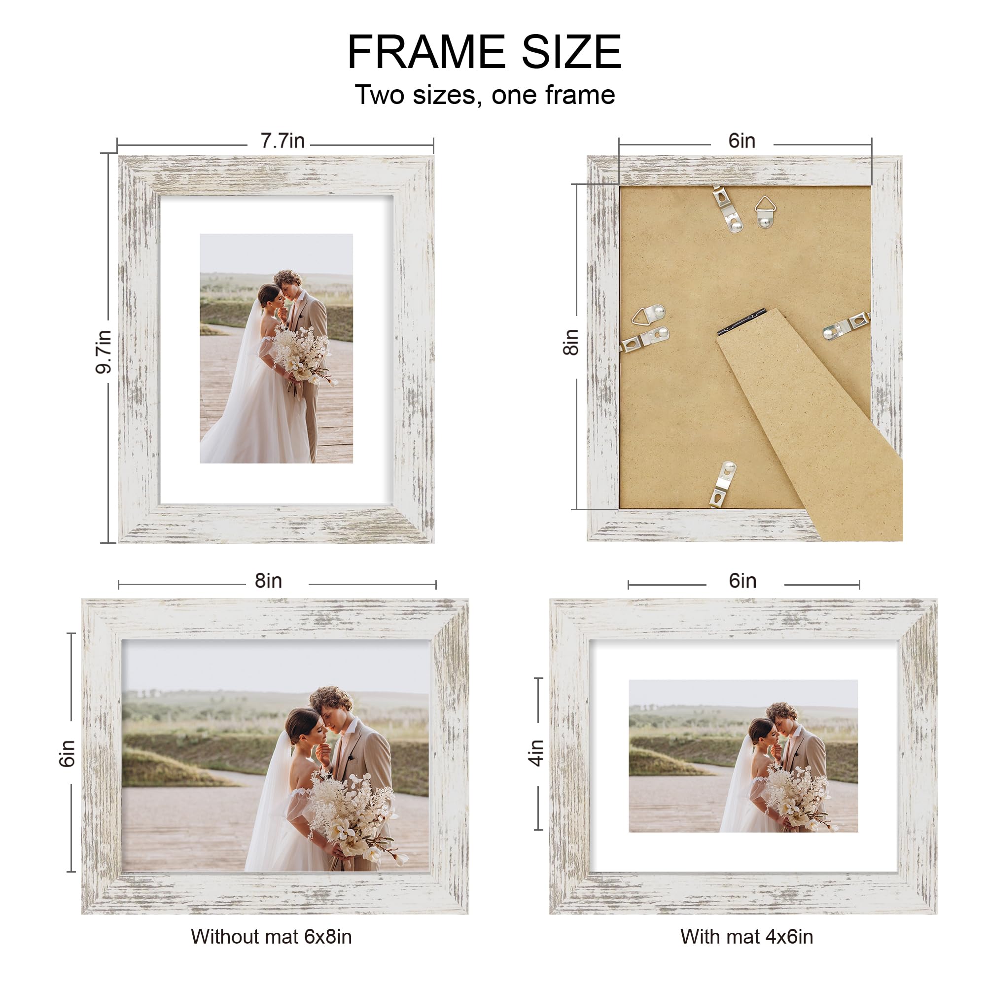 Hongkee 6x8 Picture Frame Set of 4, Made of Real Glass and Distressed White Frame - Display Picture 4x6 with Mat or 6x8 Without