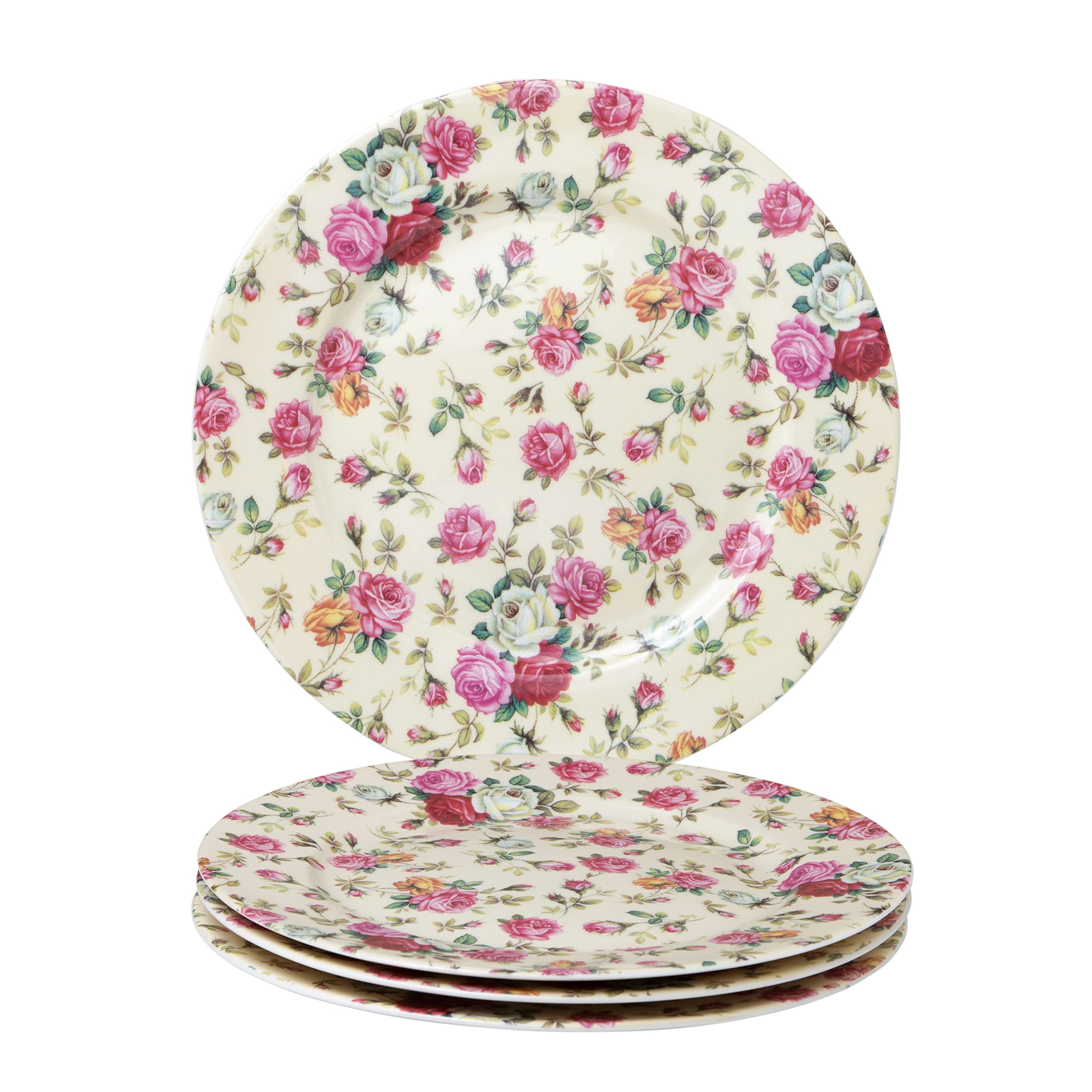 Gracie China By Coastline Imports Cream Rose Chintz All Over Set Of 4 Dessert Salad Plates, 8-Inch, Pink Yellow