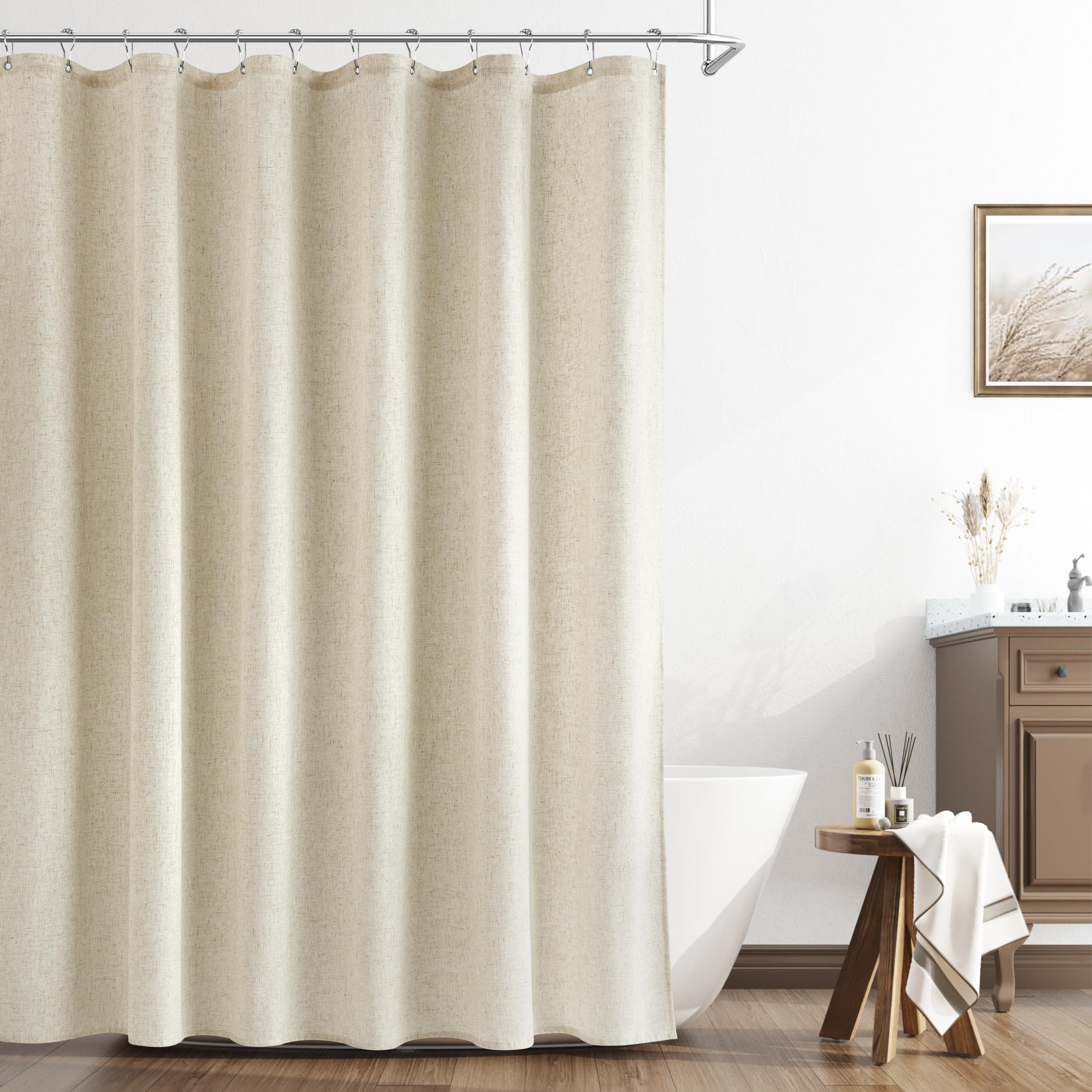 Naturoom Extra Long Linen Shower Curtain 96 Length,Natural Linen Country Boho Farmhouse Shower Curtains For Bathroom Heavy Duty