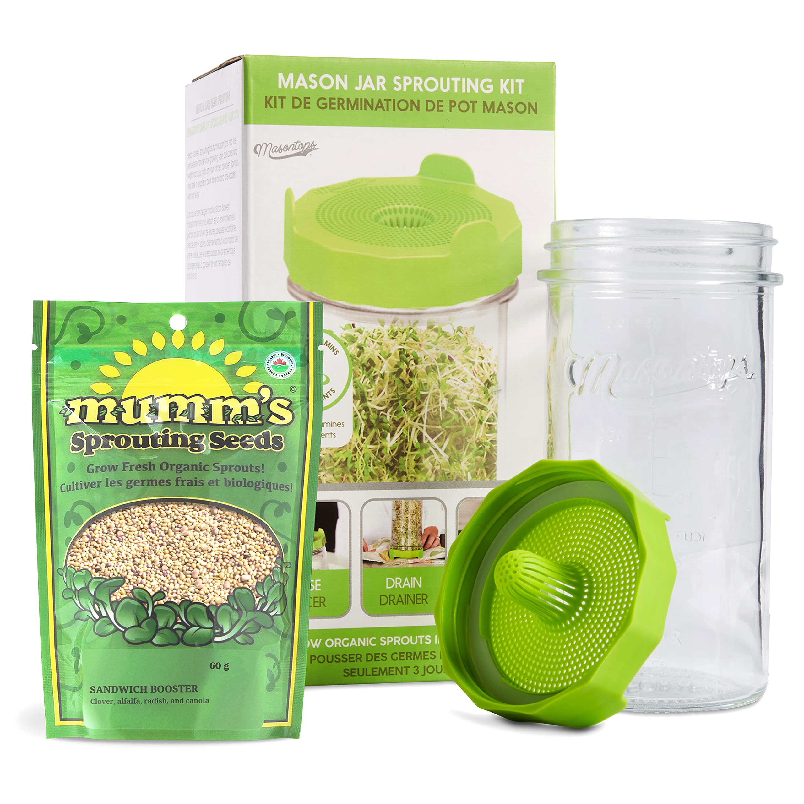 Masontops Mason Jar Bean Sprouting Jar Starter Set - Easy Diy Bean Sprout Kit With Organic Seeds, Sprouting Lids, Complete Bean