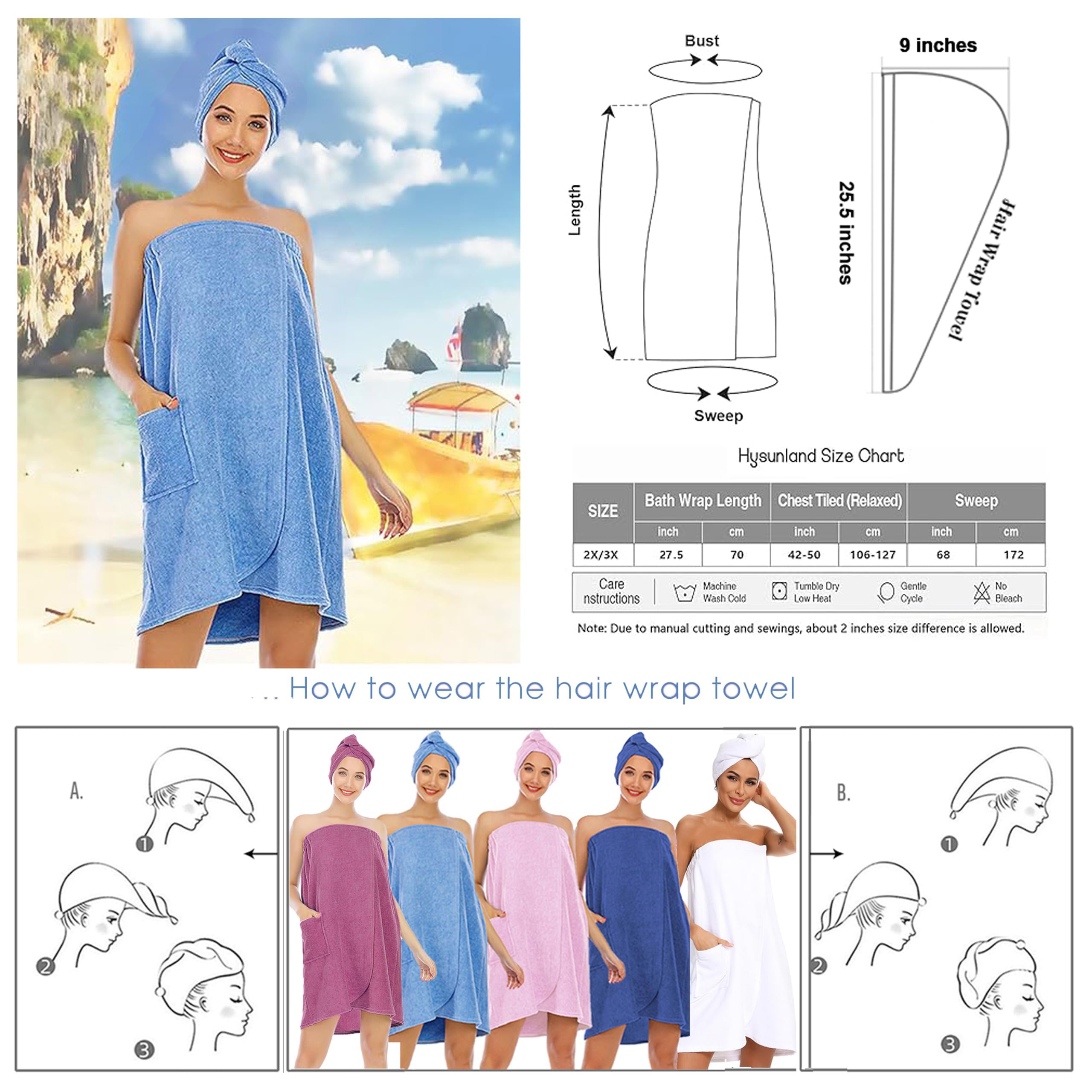 Hysunland Blue Plus Size Spa Bath Wrap For Women, Light Weight Quick Drying Womens Sauna 2X Towel Wrap For Pool Beach Wedding