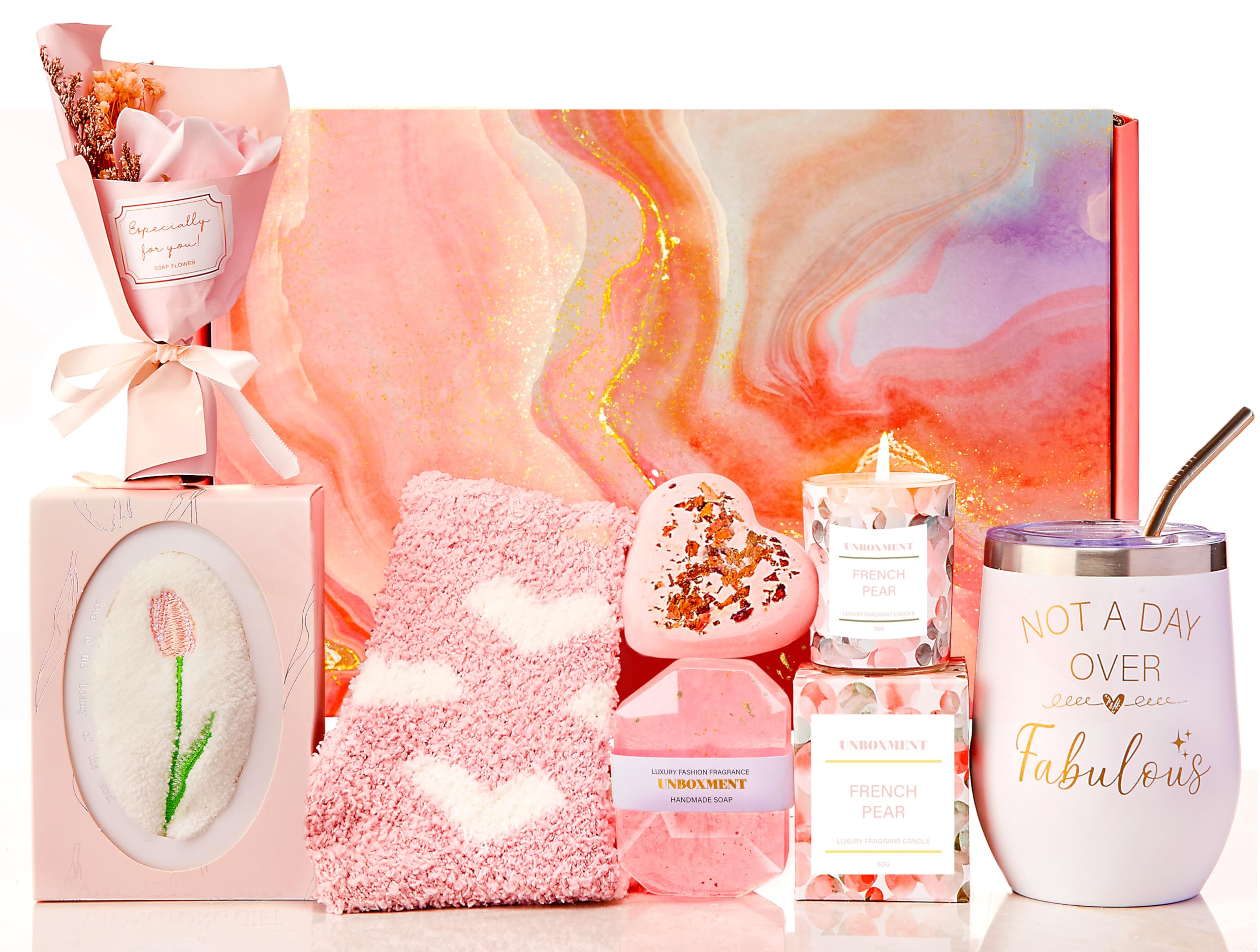 UNBOXMENT Self Care Gifts for Women, Unique Birthday Gifts for Mom, Relaxing Spa Gifts for Women, Thinking of You Pink Gift Bask