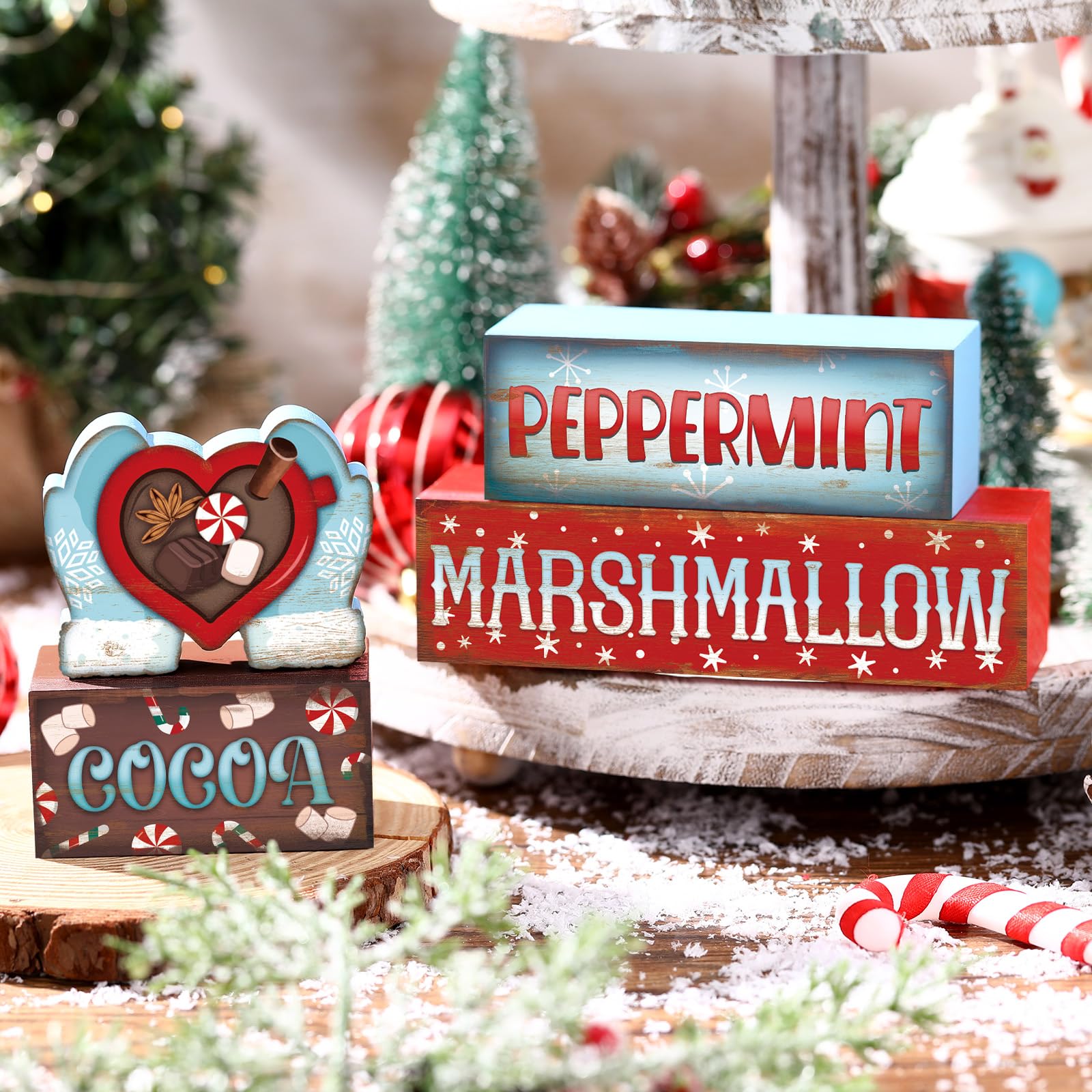Moucuny 4 Pcs Winter Hot Cocoa Table Decor Christmas Wooden Decorative Signage Winter Tiered Tray Decor Centerpieces Farmhouse W