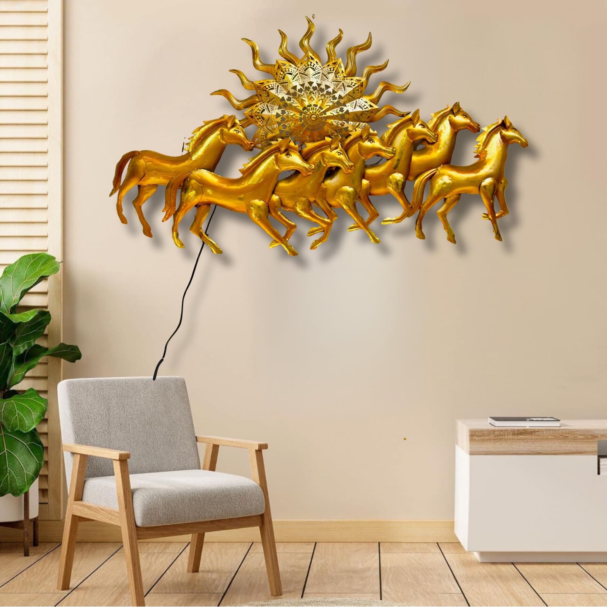 Rsn Golden 7 Running Horses With Sun - Metal Wall Decor, With Led Light For Living Room, Drawing Room, And Office Decor-Size-50X