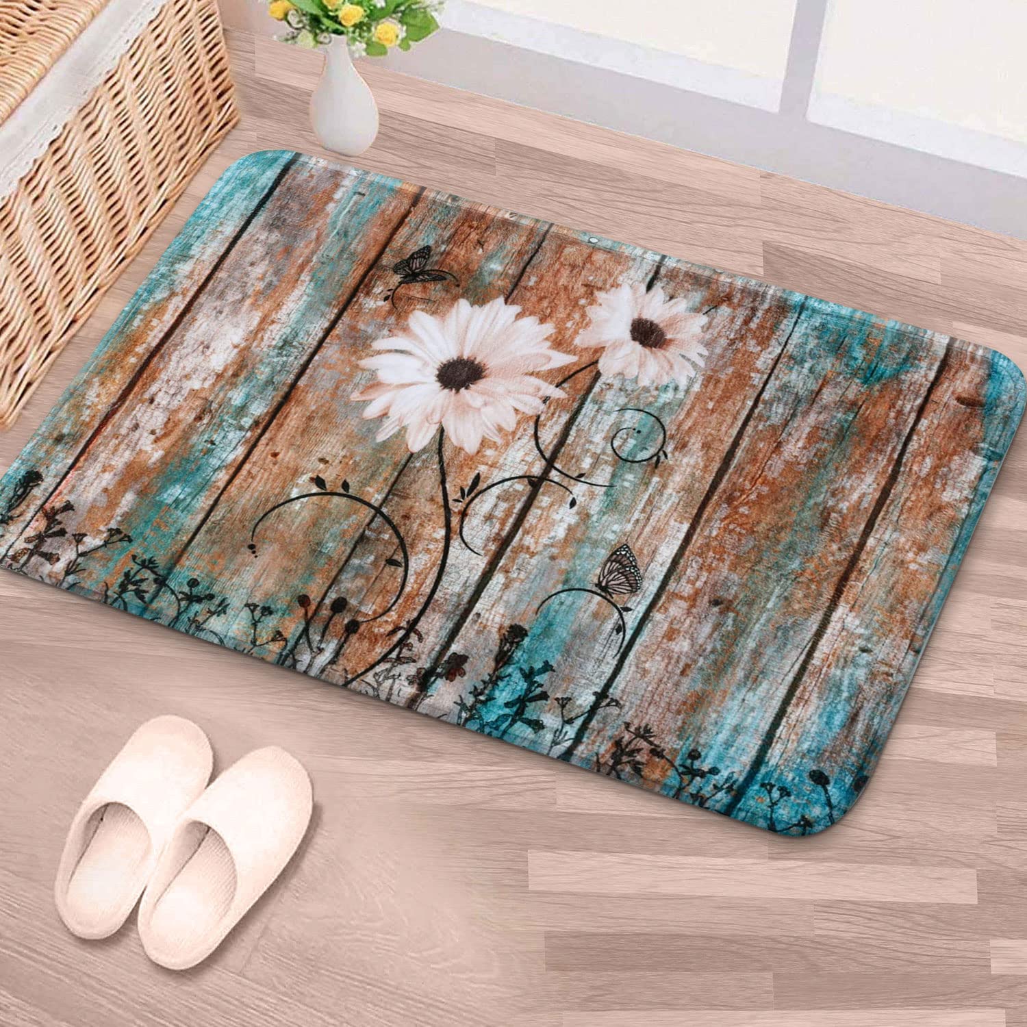 Rosielily Bathroom Rug Mat, Rustic Bathroom Rug, Super Soft And Absorbent Shaggy Plush Flowers Bath Rugs, Carpet Mats For Shower