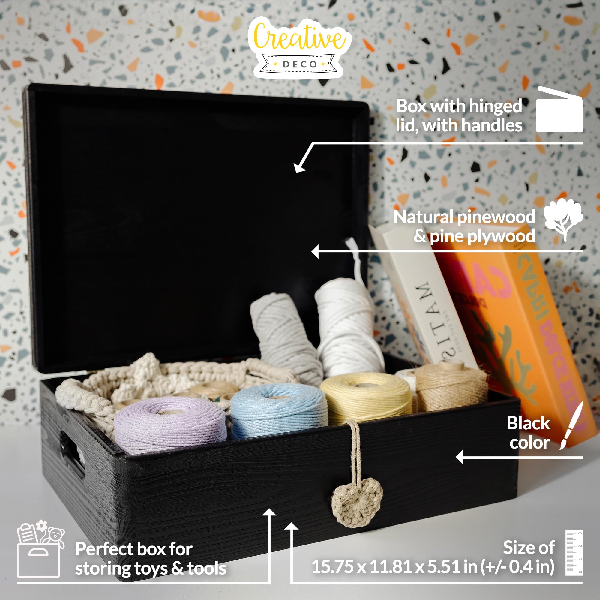Creative Deco XL Black Wooden Box Storage with Hinged Lid | 15.8 x 11.8 x 5.5 inches (+-0.5) | with Handles | Gift Box Kitchen S