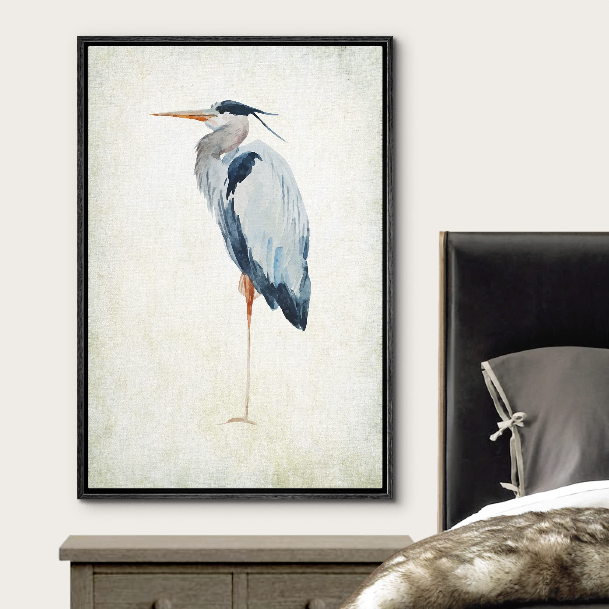 Wall26 - Framed Canvas Wall Art - Heron Bird - Wild Animal- Gallery Wrap Modern Home Art | Ready To Hang - 24''X36'' Black