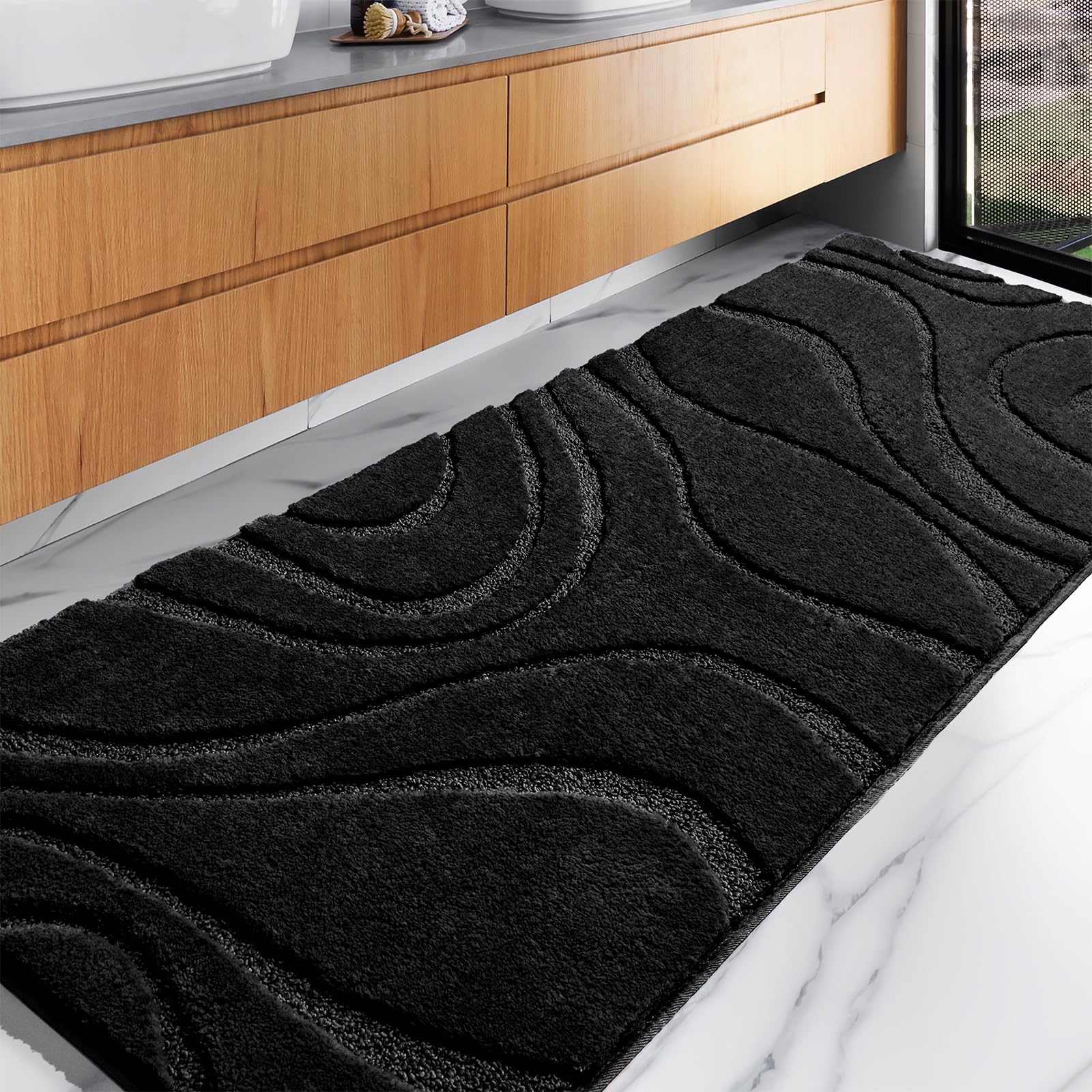 Dexde Bathroom Rugs Runner 24 X 60 Inch, Extra Long Bathroom Rug Non-Slip, Machine Washable Bath Mats Rug, Black Soft Carpets Fo