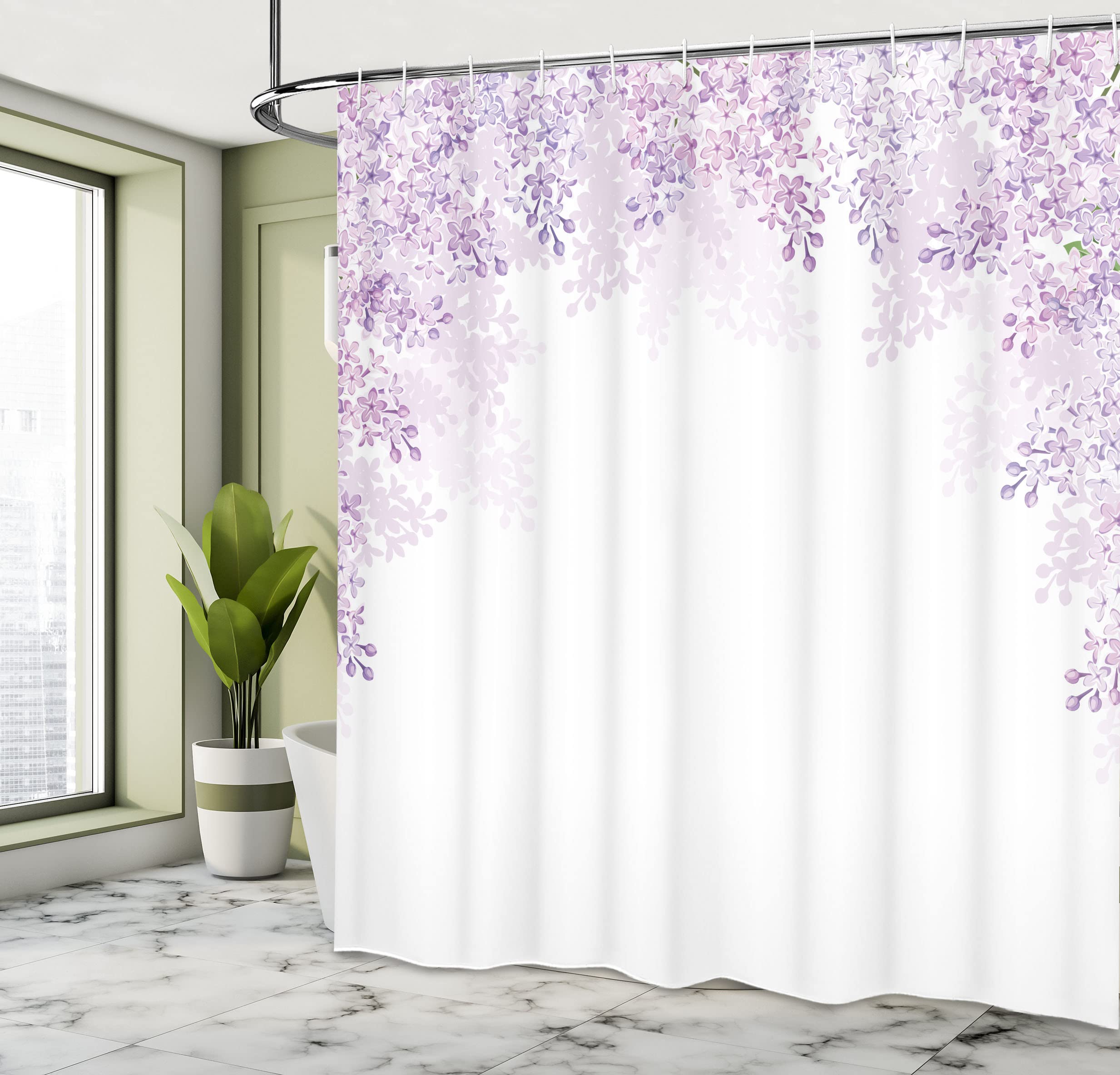 Ambesonne Flower Shower Curtain, Framing Lilac Flowers In Blossom Vernal Season Soothing Color Shades, Cloth Fabric Bathroom Dec