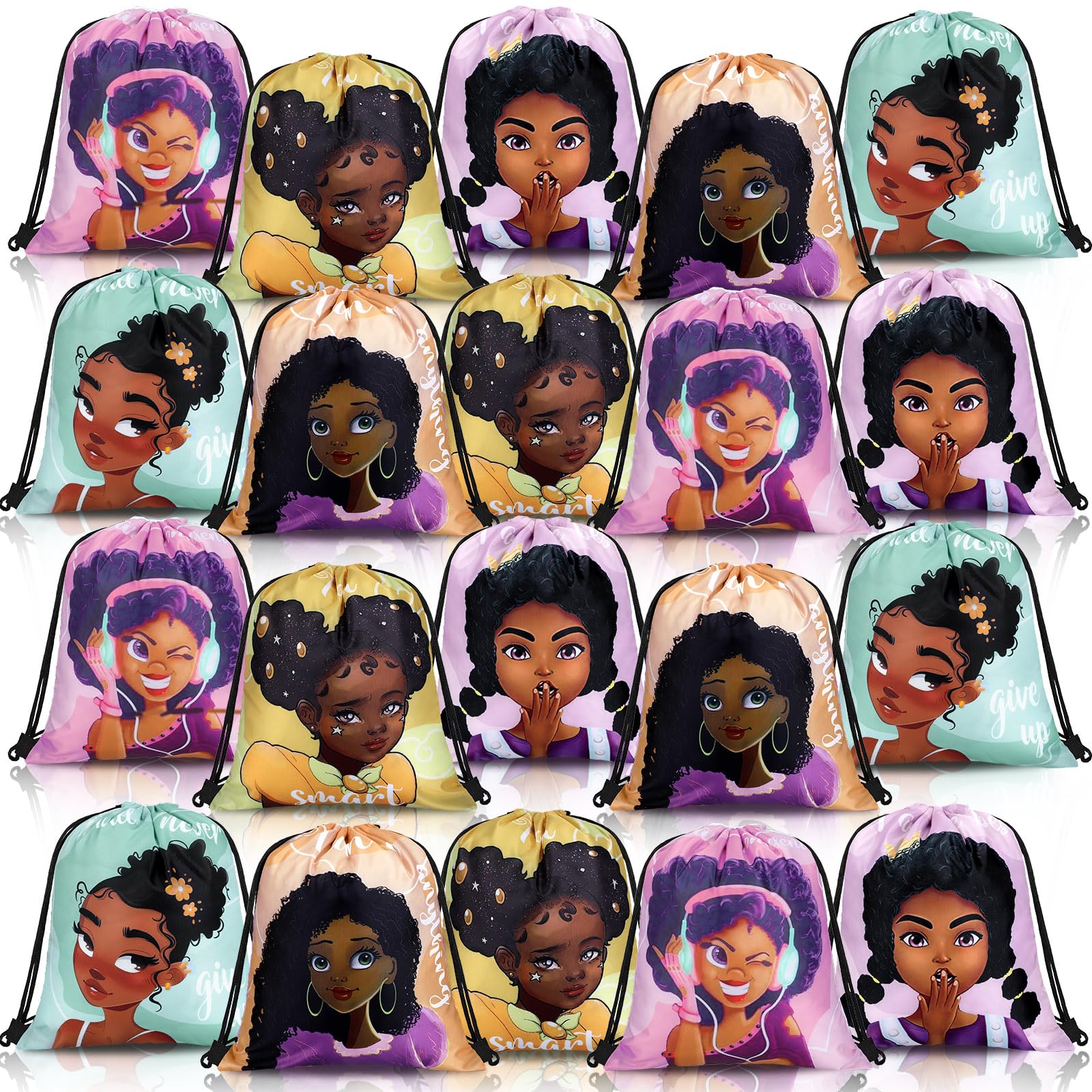 24 Pieces Black Girl Gift Bags African American Drawstring Black Women Themed Goodie Candy Bags Party Supplies for Kids(Classic 