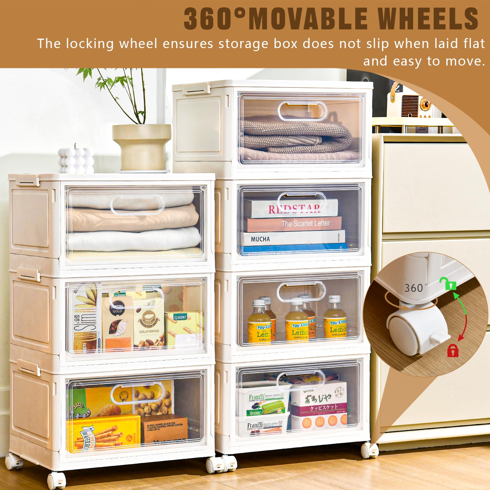 4 Tier Stackable Storage Bins, 23Qt Storage Containers, Clear Plastic Storage Bins With Magnetic Doors, Large Collapsible Storag