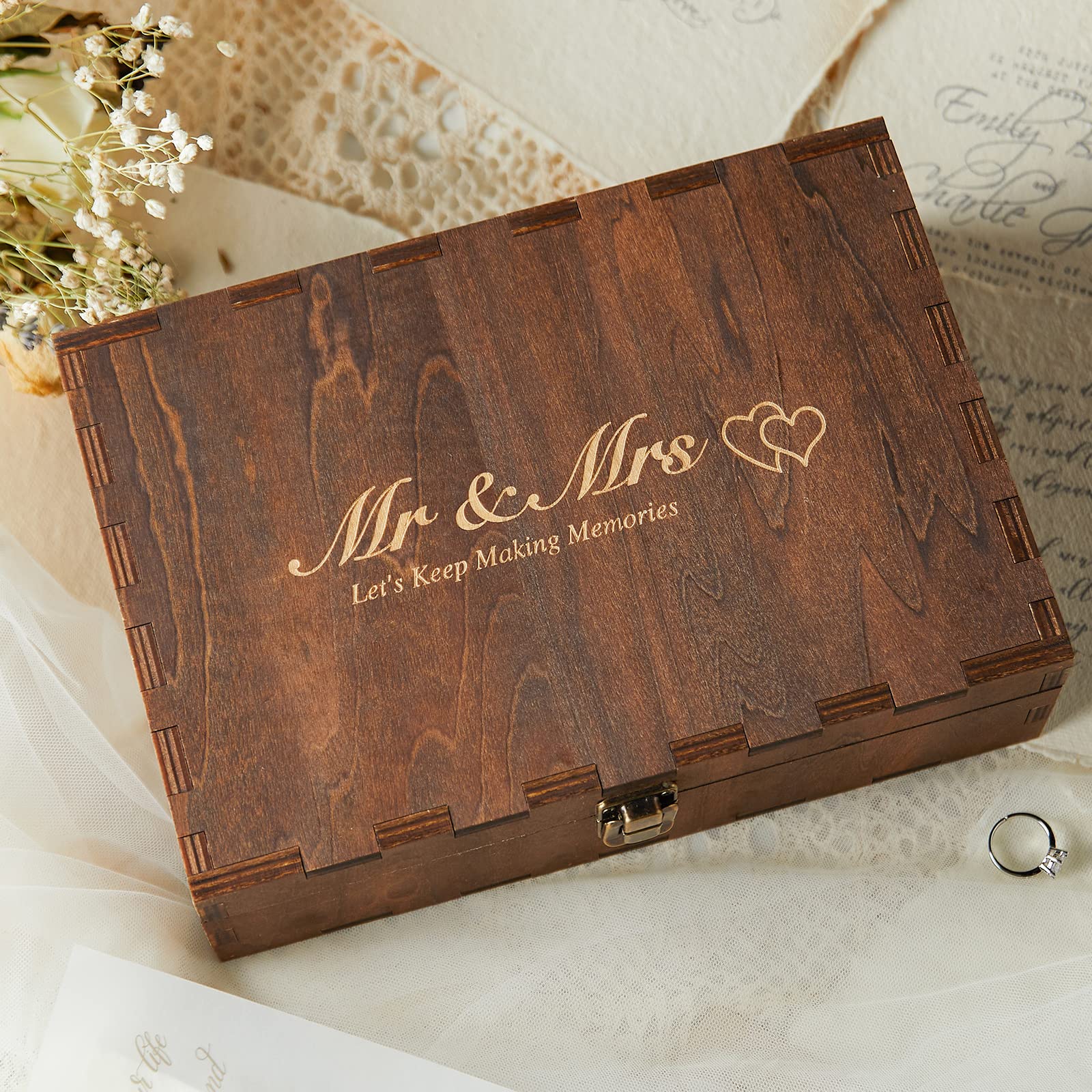 AW BRIDAL Wedding Keepsake Box with Lids, Mr and Mrs Engraved Wood Memories Box for Storage, Bridal Shower Gifts for Bride, Enga