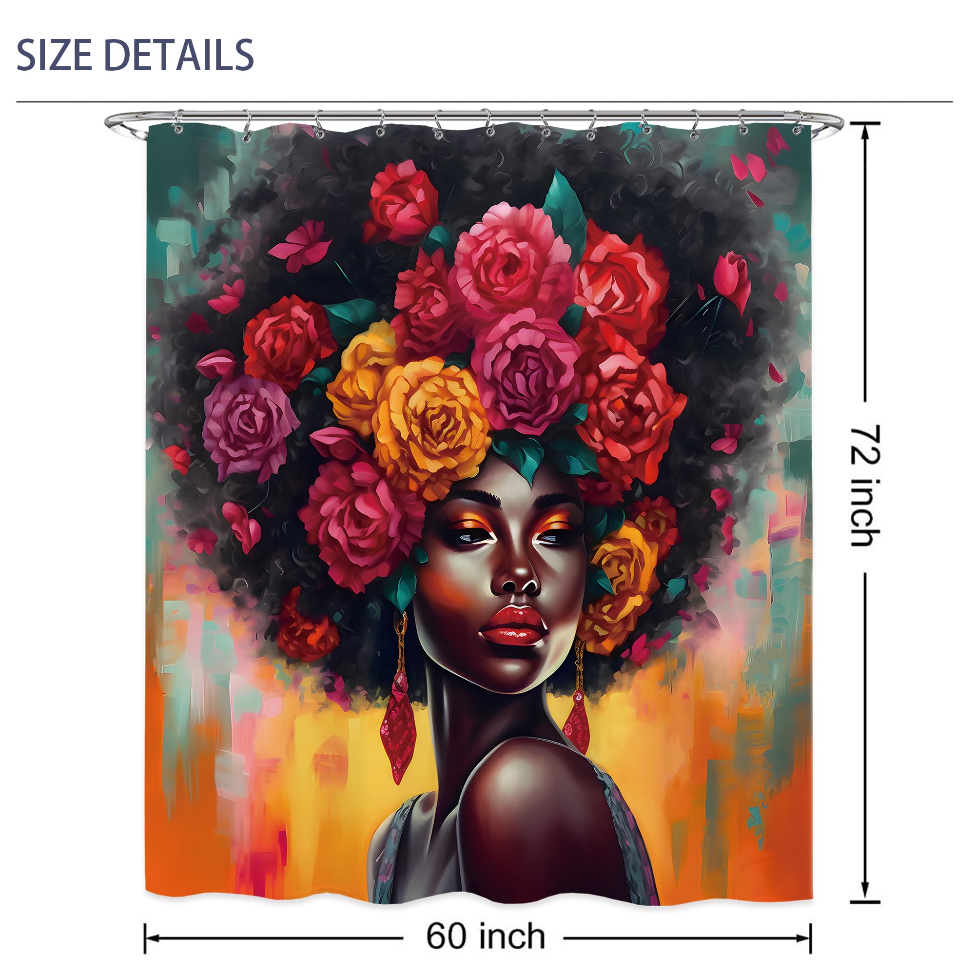 Laifzere African American Black Girl Shower Curtain Black Woman Shower Curtain For Bathroom Set Rose Afro Flower Floral Colorful