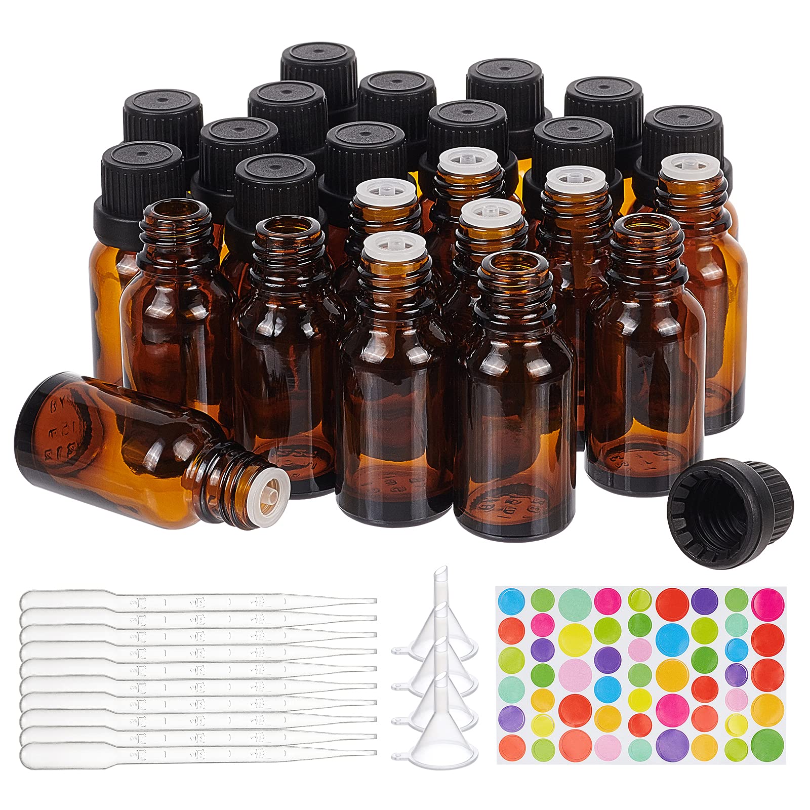 Benecreat 24 Pack 15Ml Brown Glass Essential Oil Bottles Refillable Container Kits With Plastic Droppers, Funnel Hoppers And Sti