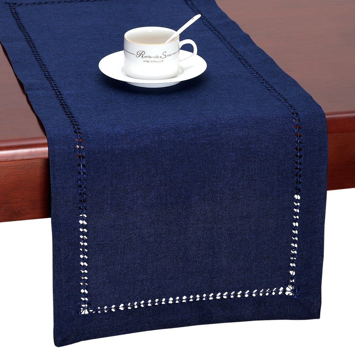 Grelucgo Handmade Hemstitch Solid Navy Blue Nautical Rectangular Table Runner Or Dresser Scarf (14 X 108 Inch)