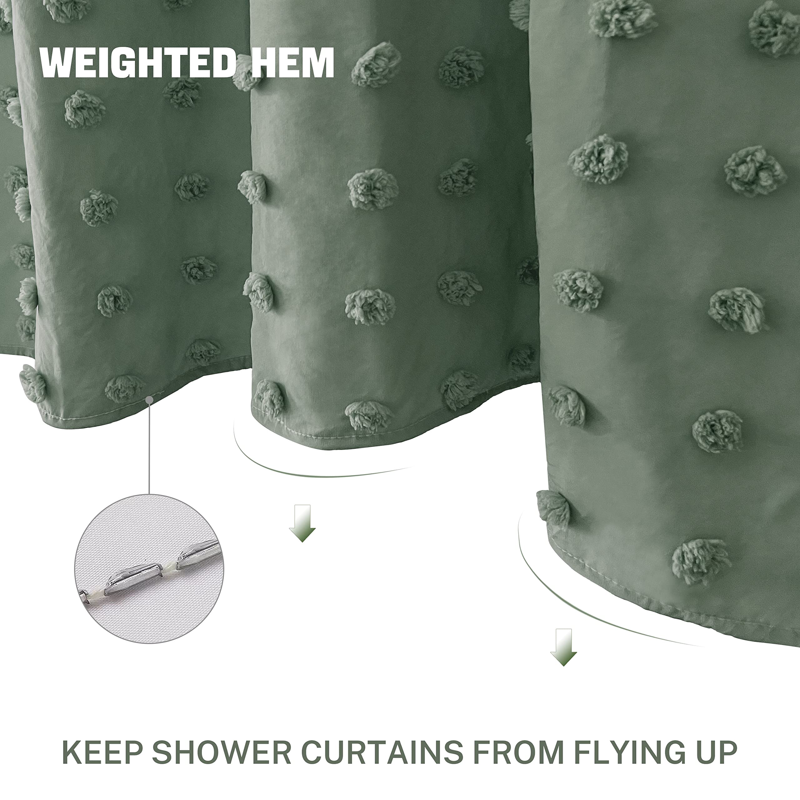 Siiluminisoy Green Boho Shower Curtain Woven Fabric Cute Shower Curtain, 72 X 72 Tufted Pleat Floral Puffs Textured Modern Farmh