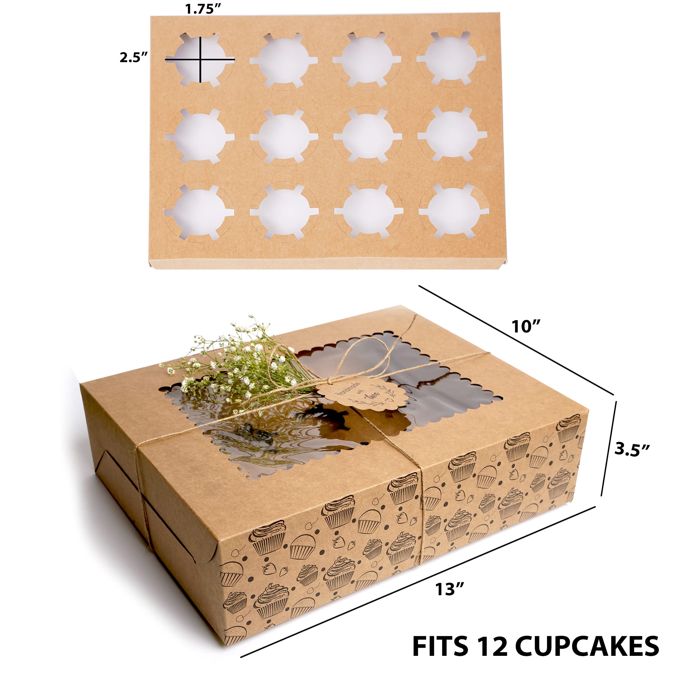Mudrit (10-Pack) Cupcake Boxes Bulk | Cupcake Holder With Lid | Disposable Cupcake Containers | Food Grade Kraft Bakery Boxes Wi