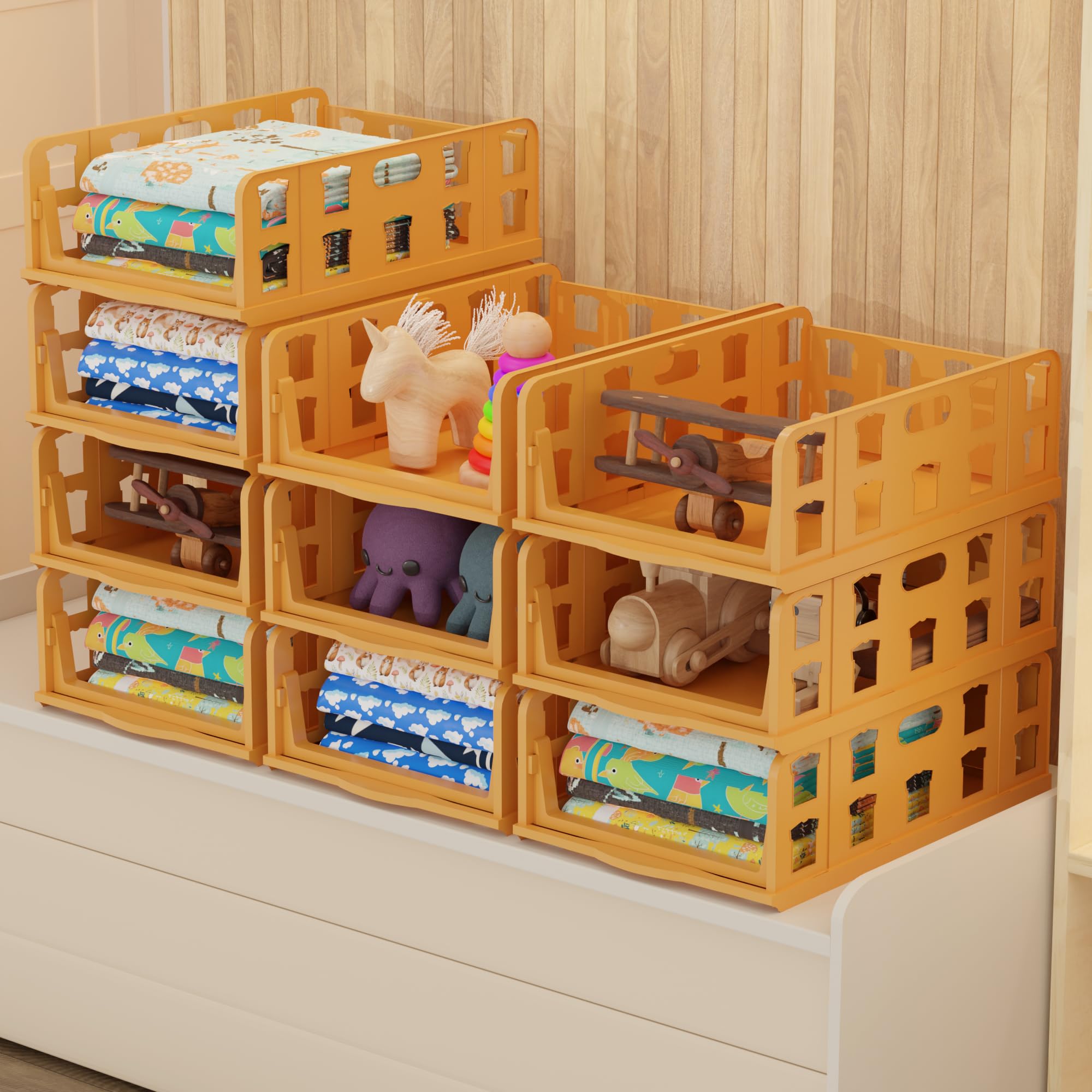 Kuber Industries 10 Pcs Foldable Kids Wardrobe Organizer For Clothes Storage | Stackable Slide Out Baby Dress Organiser For Ward
