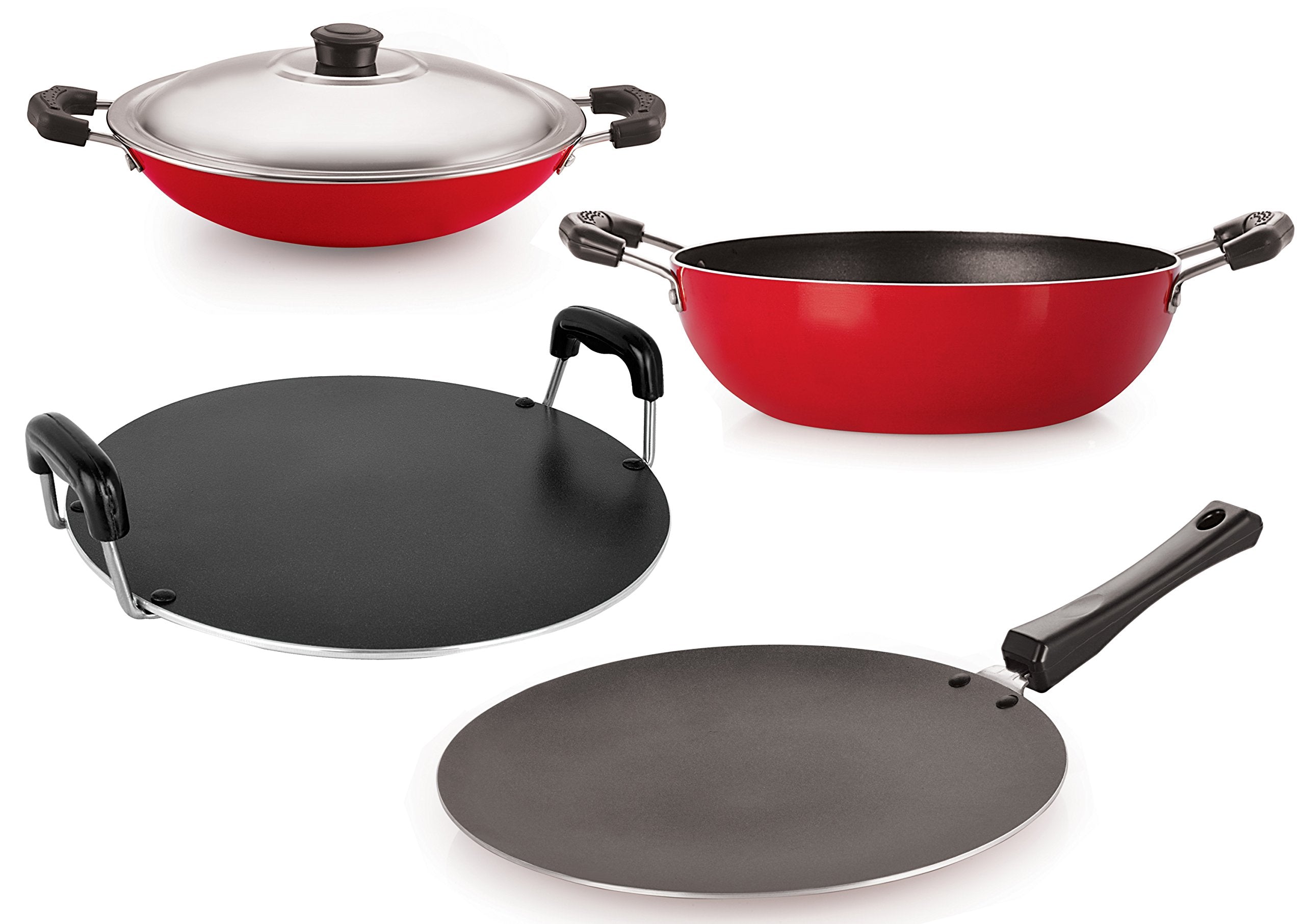 Nirlon NonStick Aluminium Cookware Set, 4Pieces, Red (26_Ct_Kd14_Chatti_Rt)