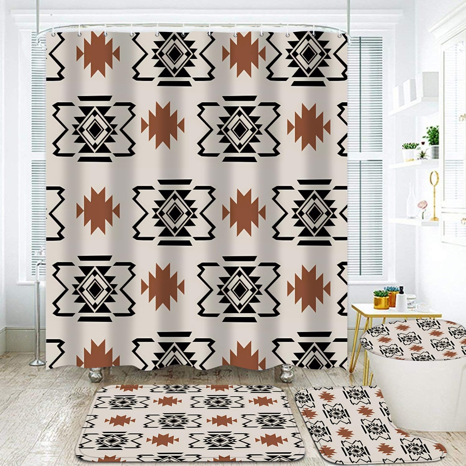 Pretyw 4-Piece Western Aztec Shower Curtain Set Geometric Vintage Bathroom Set With Shower Curtain And Rugs, Boho Abstract Patte