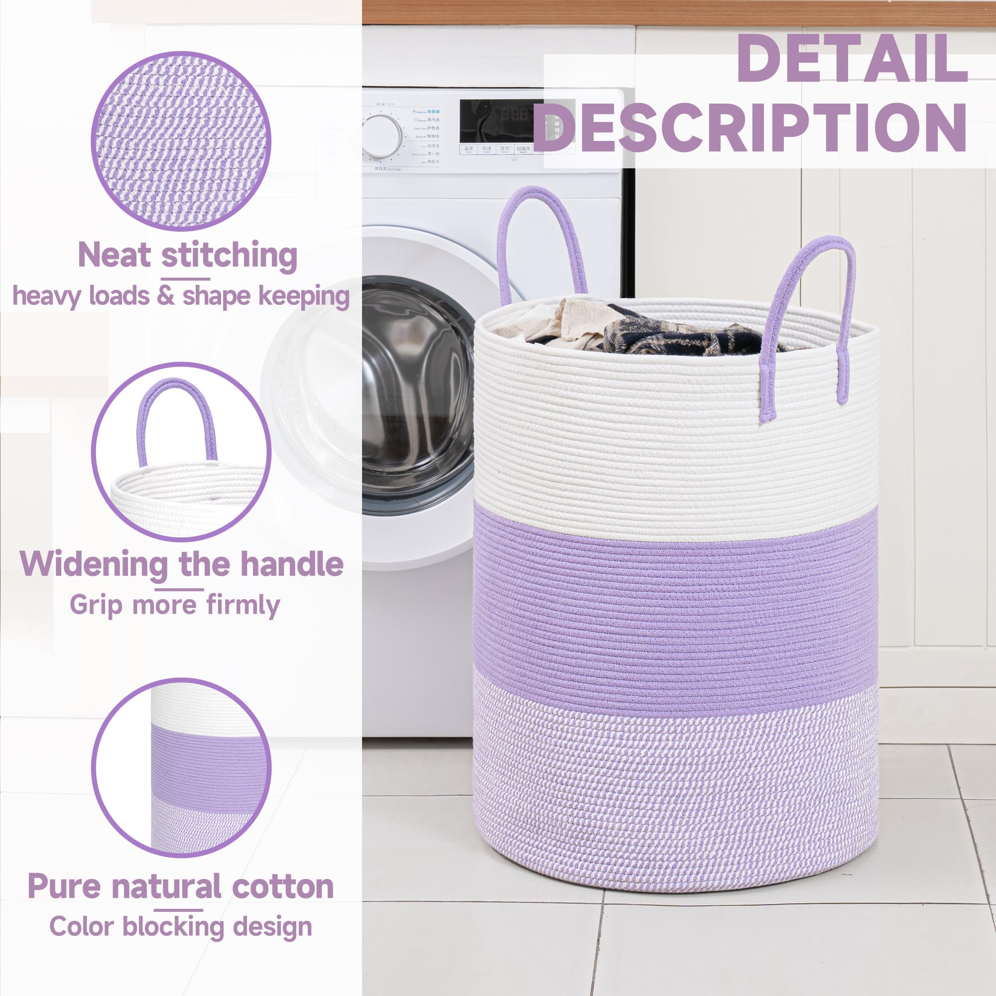 Clhmily&Z 100L Laundry Basket Round Storage Rope Basket - 18.1X24 Inches - Lavender Hamper In Bedreoom And Cute Storage Bin For