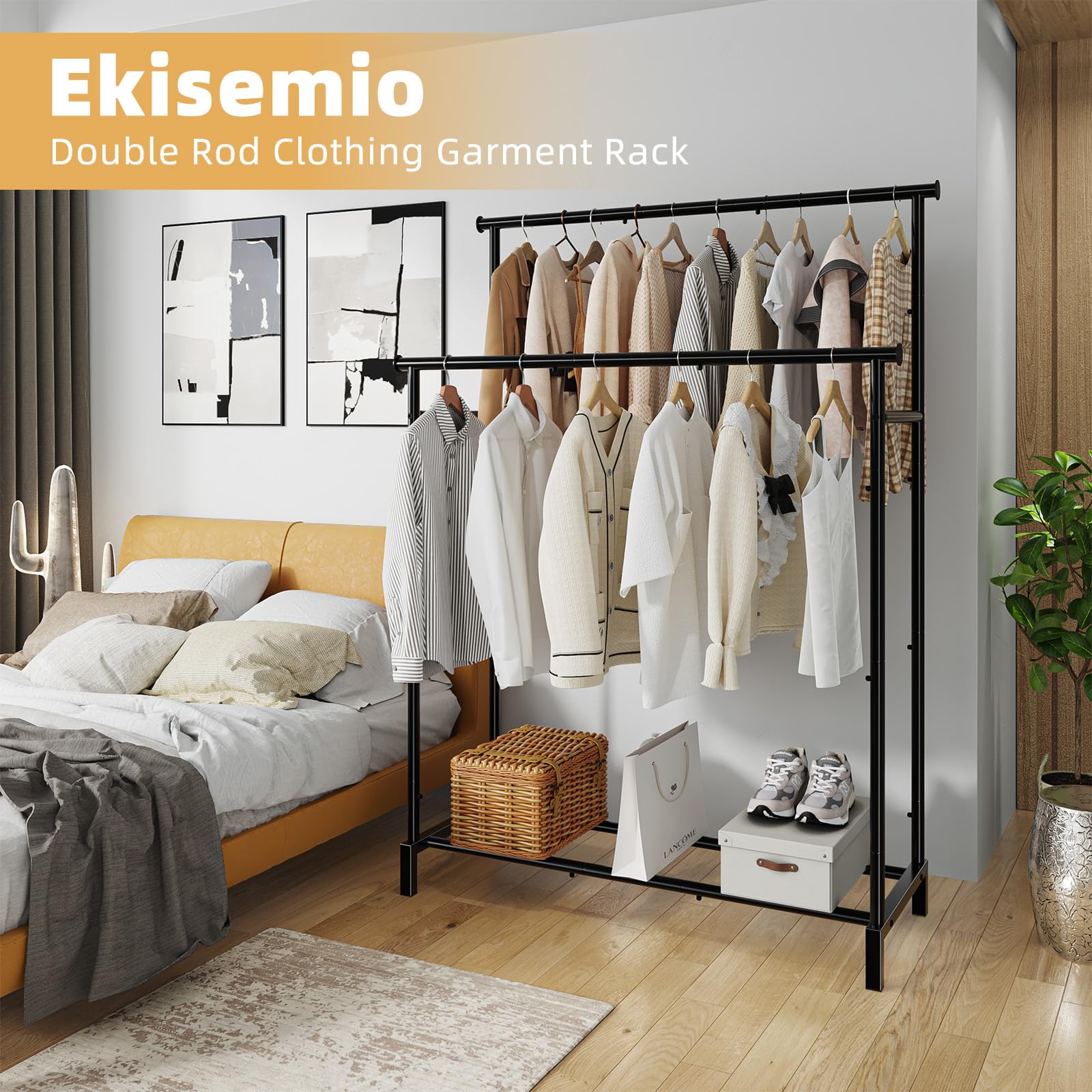 Ekisemio Double Rod Garment Rack For Hanging Clothes, Clothing Rack With Storage Shelves, Metal Multi-Functional Clothes Rack Fo