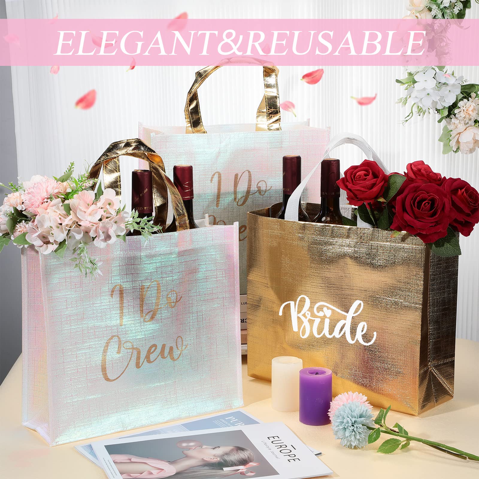 Cindeer 12 Pcs Let'S Go Girls Bridesmaid Bags Holographic Bachelorette Gift Bags Glossy Reusable Grocery Bags Retro Disco Cowgir