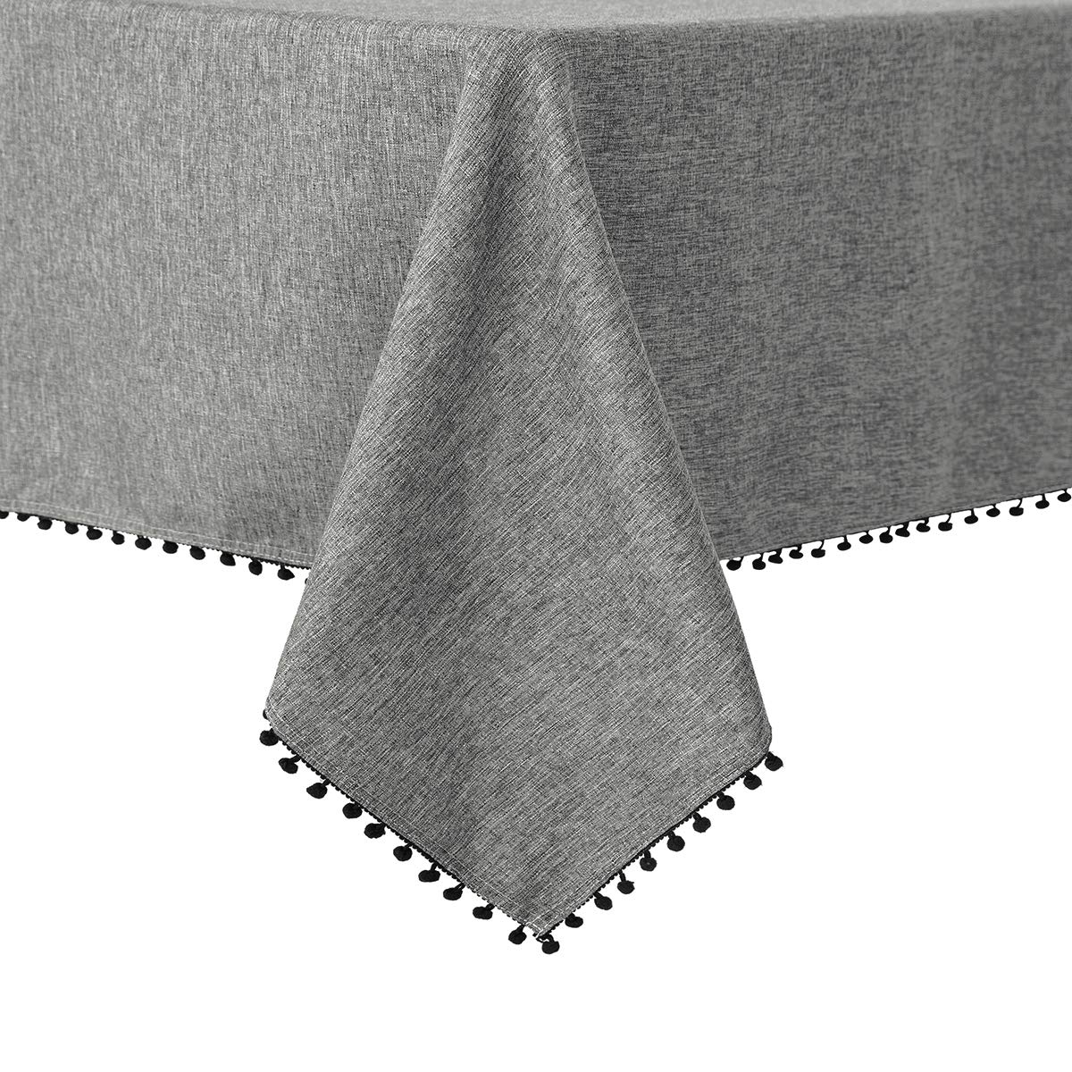 Jucfhy Pompom Tassel Rectangle Table Cloth,Linen Farmhouse Tablecloth Heavy Duty Fabric,Stain-Proof Water Resistant Washable Tab